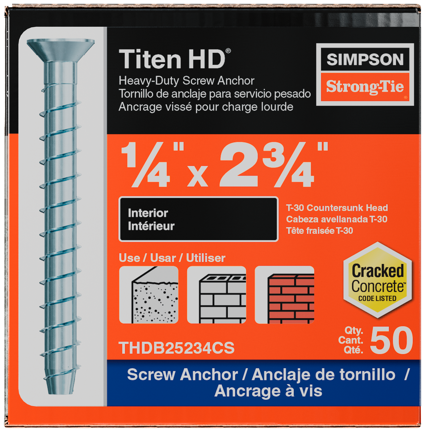 Simpson Strong-Tie THDB25234CS Titen HD® 1/4 in. x 2-3/4 in. Zinc-Plated Countersunk Head Heavy-Duty Screw Anchor (50-Qty) (Pack of 490)