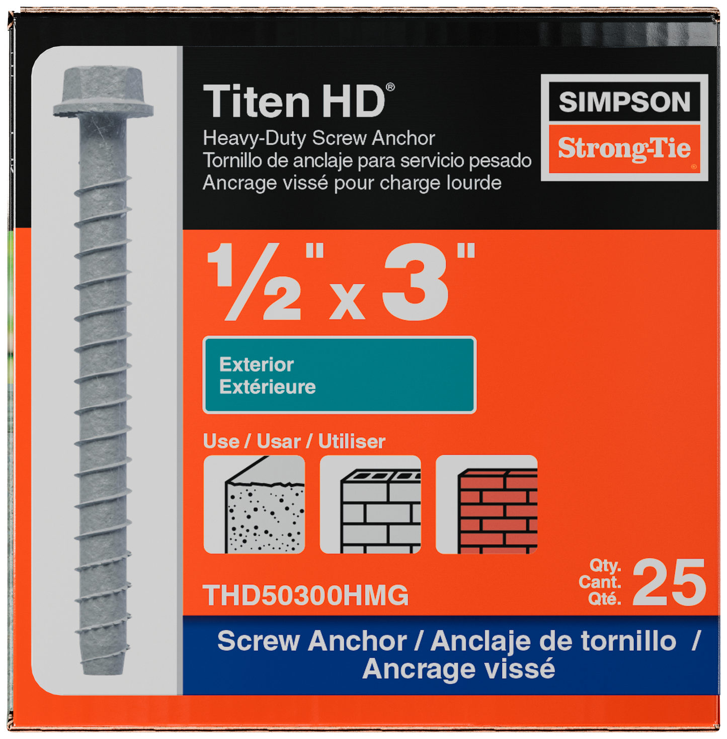 Simpson Strong-Tie THD50300HMG Titen HD® 1/2 in. x 3 in. Mechanically Galvanized Heavy-Duty Screw Anchor (25-Qty) (Pack of 4)