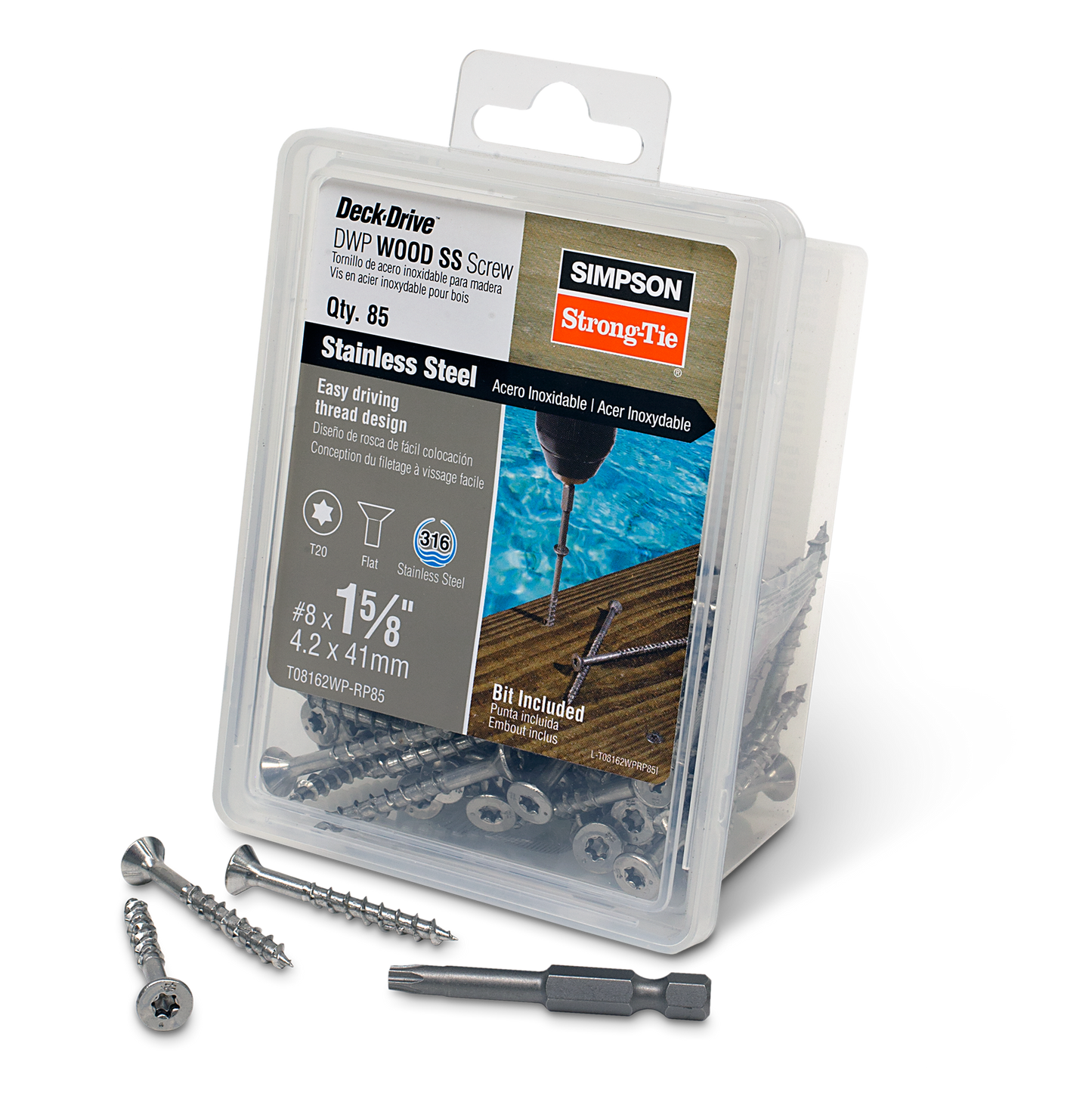Simpson Strong-Tie T08162WP-RP85 Deck-Drive™ DWP WOOD SS Screw — #8 x 1-5/8 in. T20, Flat Head, Type 316 (85-Qty) (Pack of 4)