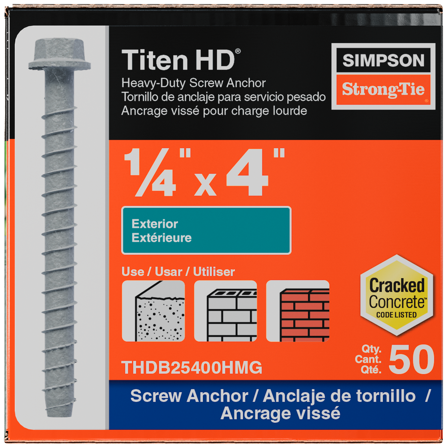 Simpson Strong-Tie THDB25400HMG Titen HD® 1/4 in. x 4 in. Mechanically Galvanized Heavy-Duty Screw Anchor (50-Qty) (Pack of 490)