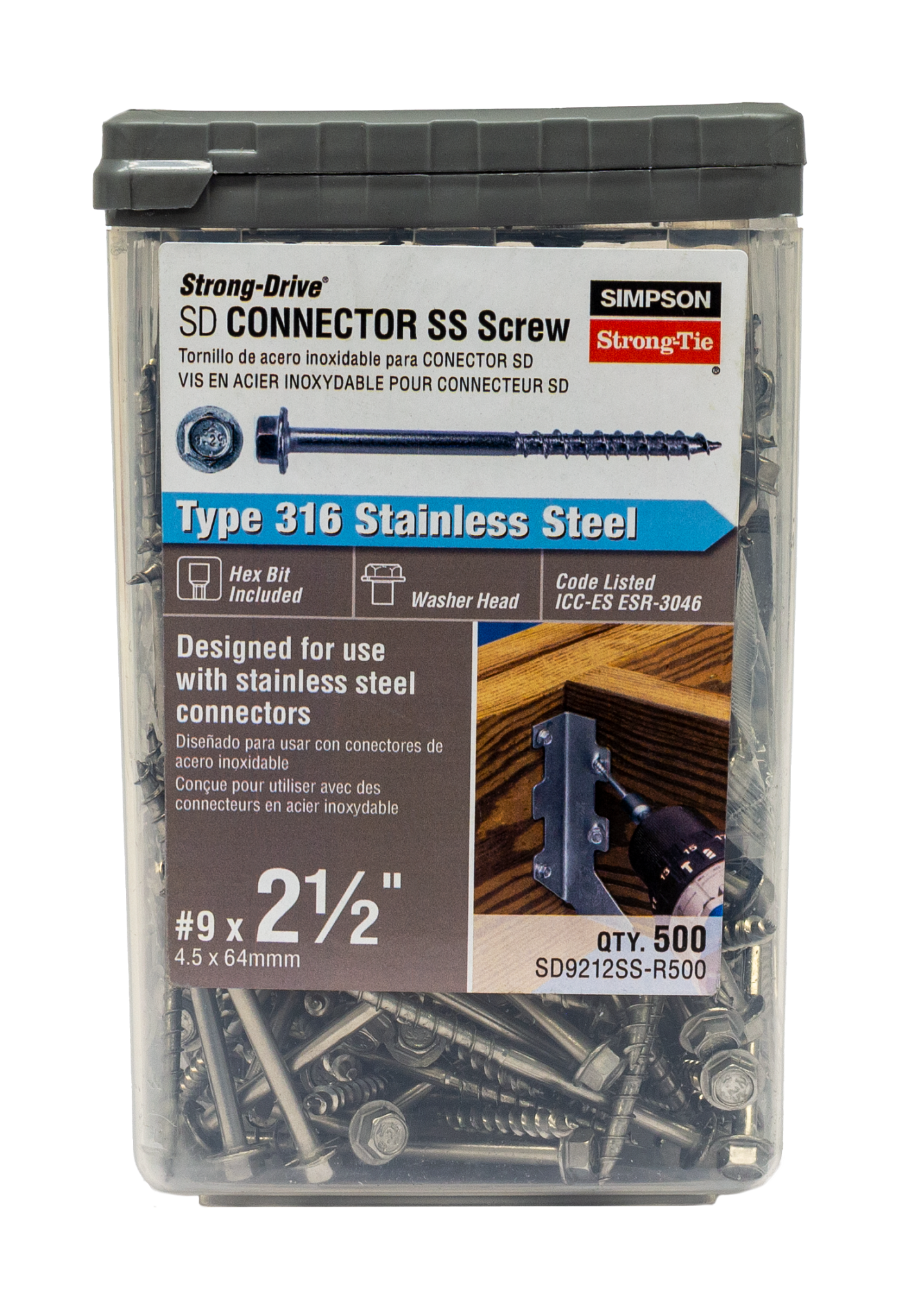 Simpson Strong-Tie SD9212SS-R500 Strong-Drive® SD CONNECTOR SS Screw — #9 x 2-1/2 in. 1/4-Hex Drive, Type 316 (500-Qty) (Pack of 396)