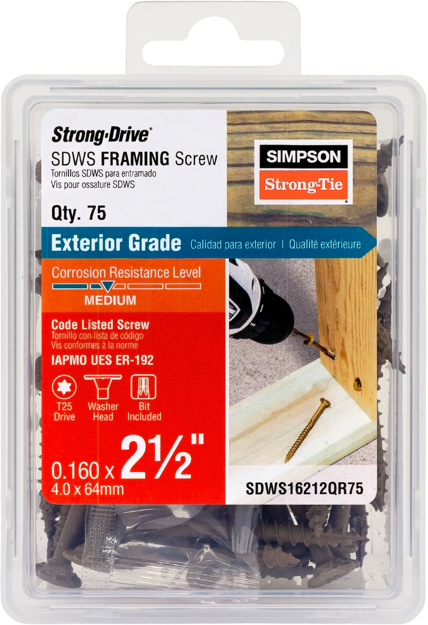 Simpson Strong-Tie SDWS16212QR75 Strong-Drive® SDWS™ FRAMING Screw — 0.160 in. x 2-1/2 in. T25, Quik Guard®, Tan (75-Qty) (Pack of 1080)