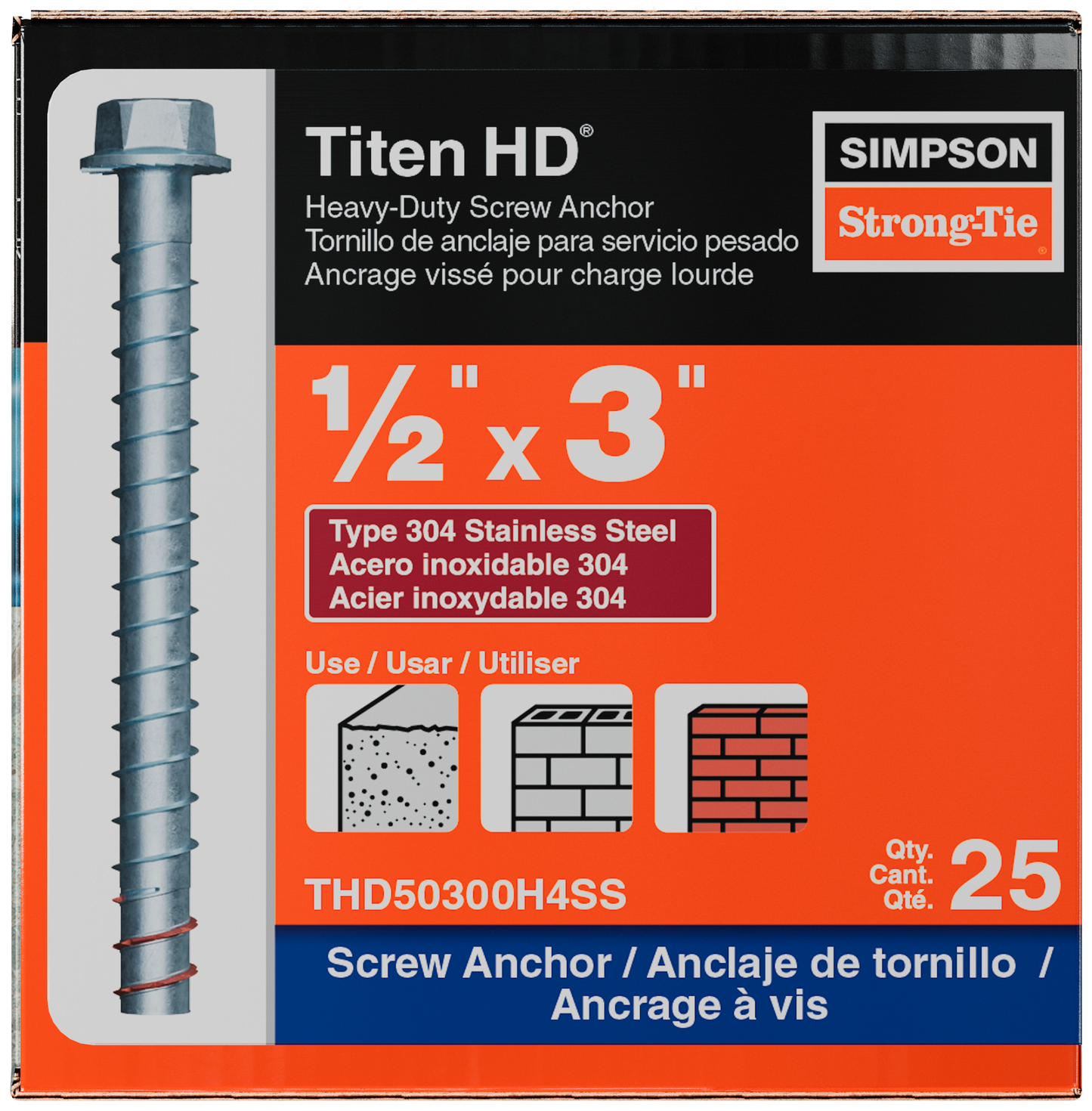 Simpson Strong-Tie THD50300H4SS Titen HD® 1/2 in. x 3 in. Type 304 Stainless Steel Heavy-Duty Screw Anchor (25-Qty) (Pack of 4)