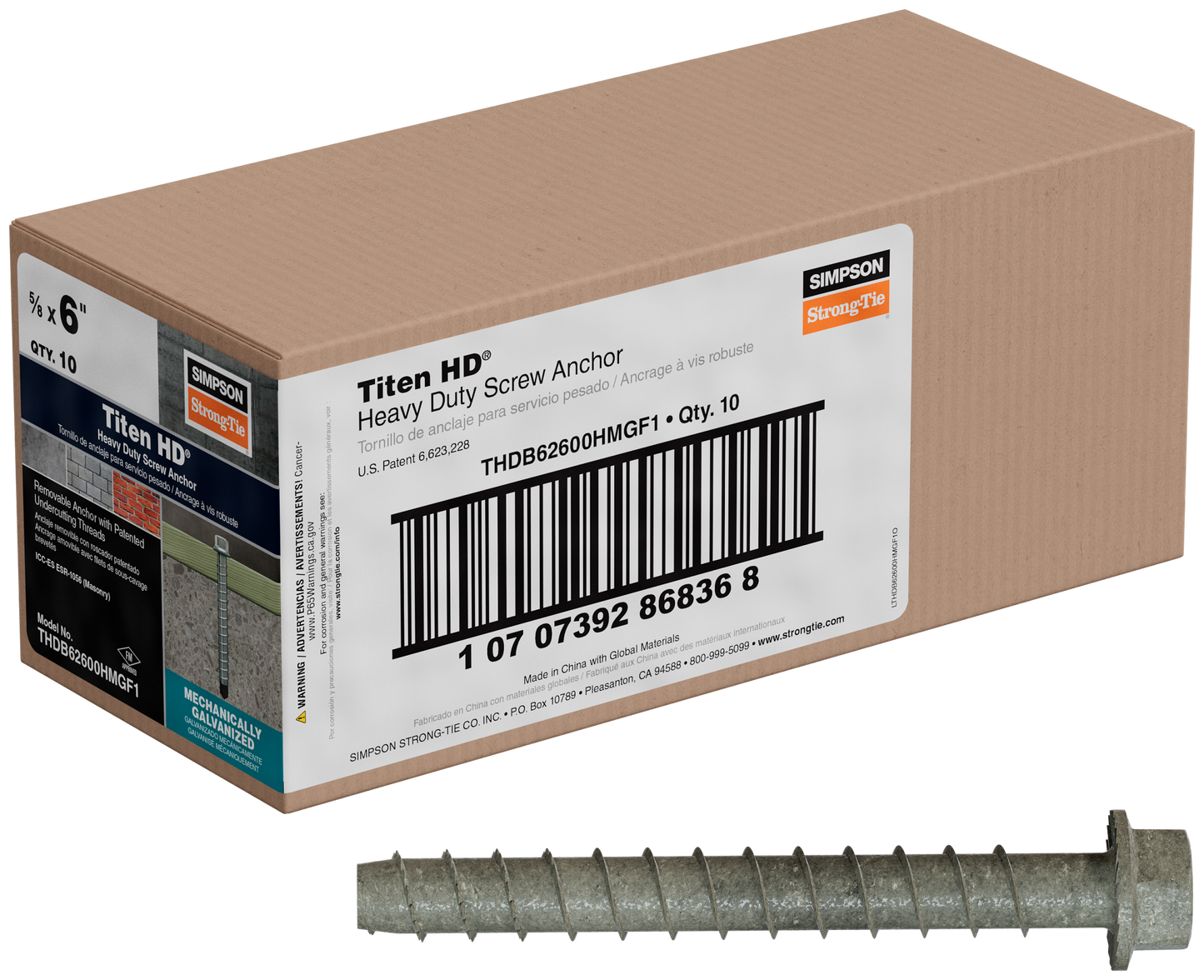 Simpson Strong-Tie THDB62600HMGF1 Titen HD® 5/8 in. x 6 in. Mechanically Galvanized Heavy-Duty Screw Anchor (Pack of 10)