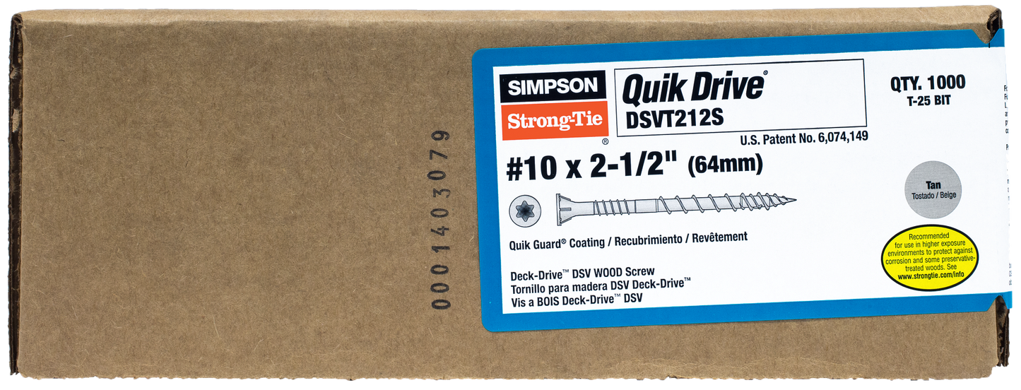 Simpson Strong-Tie DSVT212S Deck-Drive™ DSV WOOD Screw (Collated) — #10 x 2-1/2 in. T25 6-Lobe, Tan (1000-Qty) (Pack of 100)