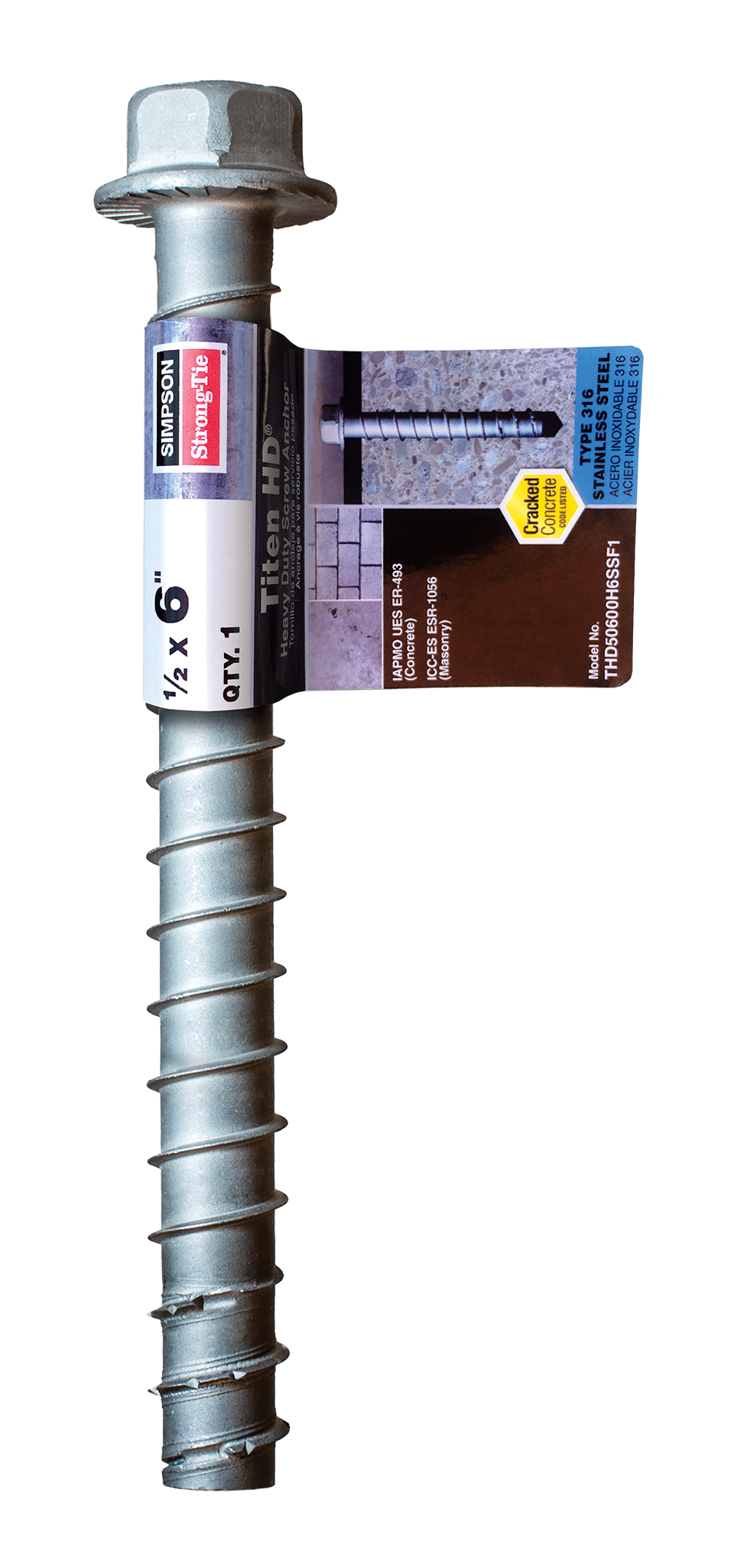 Simpson Strong-Tie THD50600H6SSF1 Titen HD® 1/2 in. x 6 in. Type 316 Stainless-Steel Heavy-Duty Screw Anchor (Pack of 3150)