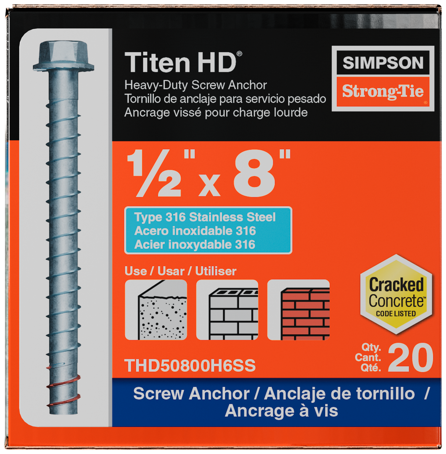 Simpson Strong-Tie THD50800H6SS Titen HD® 1/2 in. x 8 in. Type 316 Stainless-Steel Heavy-Duty Screw Anchor (20-Qty) (Pack of 180)