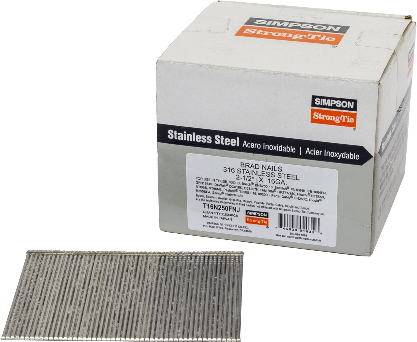 Simpson Strong-Tie T16N250FNJ Straight, Adhesive Collation, T-Style Head, 16-Gauge Finishing Nail — 2-1/2 in. Type 316 (2500-Qty)