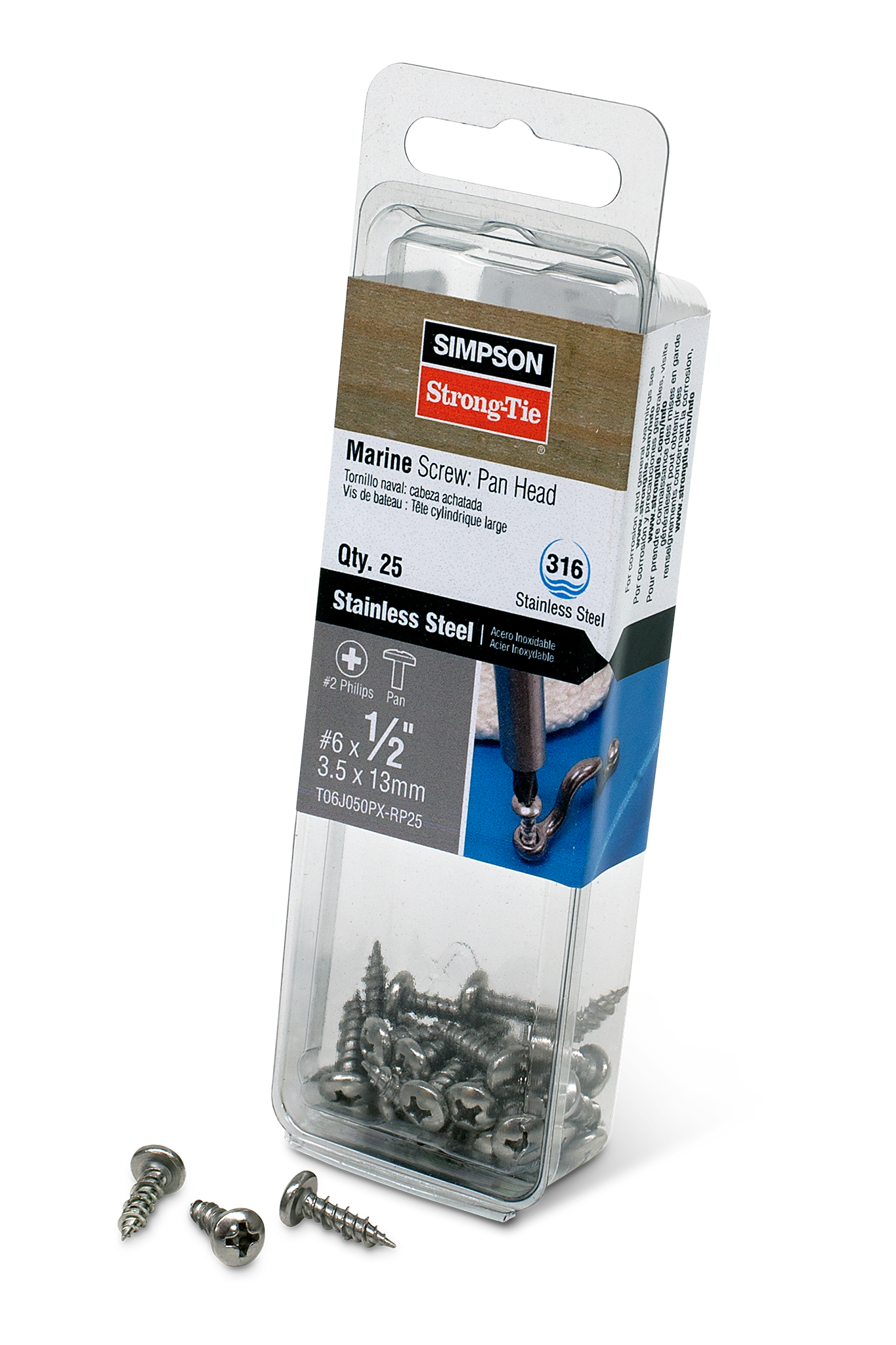 Simpson Strong-Tie T06J050PX-RP25 Marine Screw, Pan Head — #6 x 1/2 in. #2 Phillips Drive, Type 316 (25-Qty)
