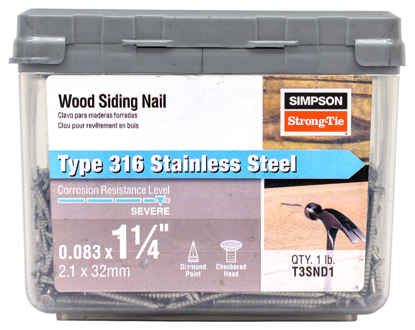 Simpson Strong-Tie T3SND1 Wood Siding Nail — 1-1/4-in. x .083-in. Type 316 Stainless Steel (1 lb.) (Pack of 10)