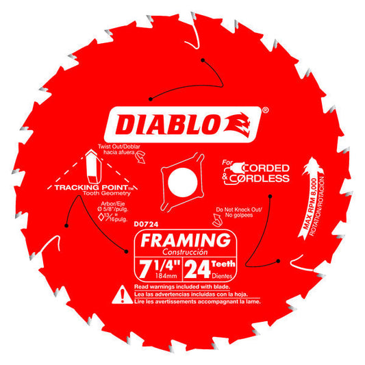 Diablo 008925020578 7-1/4 in. 24T Framing Blade with Tracking Point™ Tooth Design