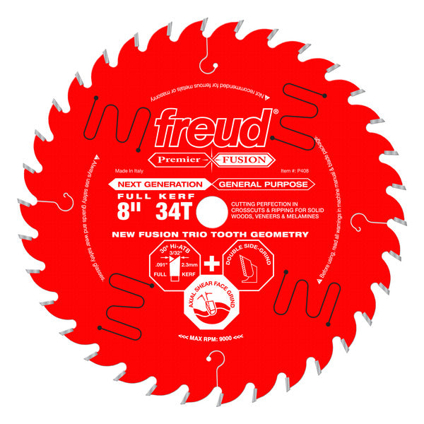 Freud 008925063889 8" 34T Premier Fusion General Purpose Blade for Crosscuts (3/8" to 3-1/2") & Rips (3/4" to 1-1/2") wood, laminate, veneered plywood, hardwoods & melamine.