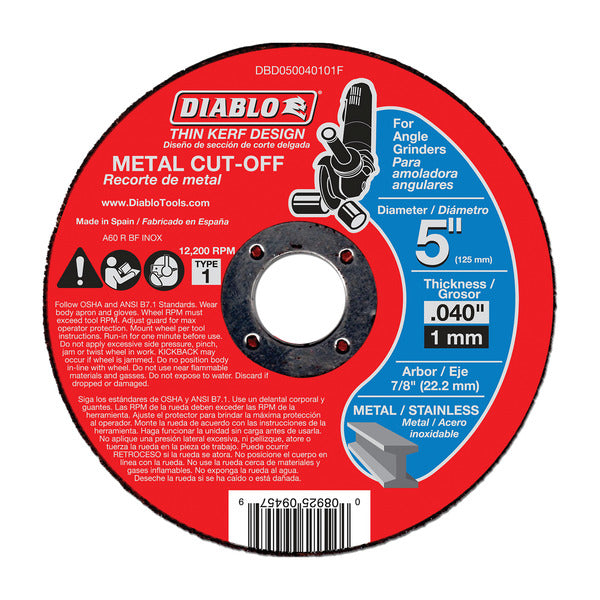 Diablo 008925128939 5"x .040"x7/8" Metal Cut Off Type 1 Thin Kerf 10pk