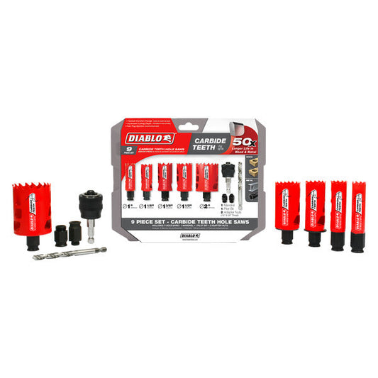 Diablo 008925138815 9 pc Carbide General Purpose Hole Saw Set (5 Hole Saws, 1 Mandril, 1 Pilot Bit, 2 Adaptor Nuts)