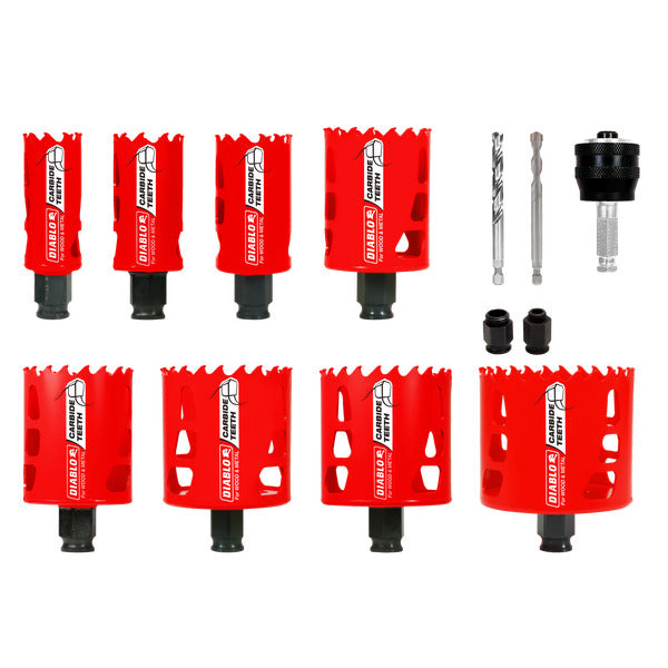 Diablo 008925144595 13 pc Carbide Plumbers Hole Saw Set (8 Hole Saws, 1 Mandril, 2 Pilot Bits, 2 Adaptor Nuts)