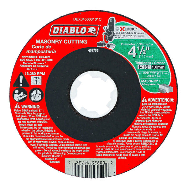 Diablo 008925147329 4-1/2 in. x 1/16 in. x 7/8 in. Type 1 Masonry Cutting for X-Lock and All Grinders