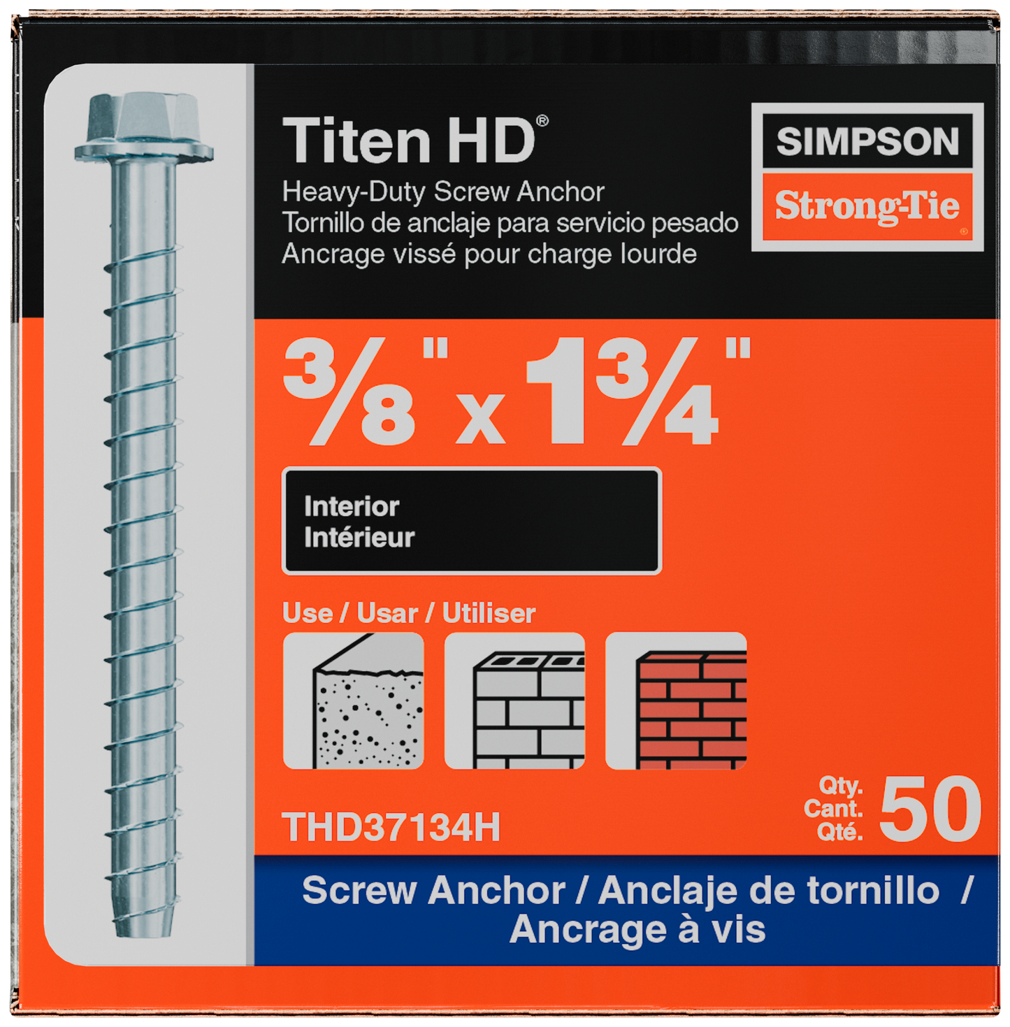 Simpson Strong-Tie THD37134H Titen HD® 3/8 in. x 1-3/4 in. Heavy-Duty Screw Anchor (50-Qty)