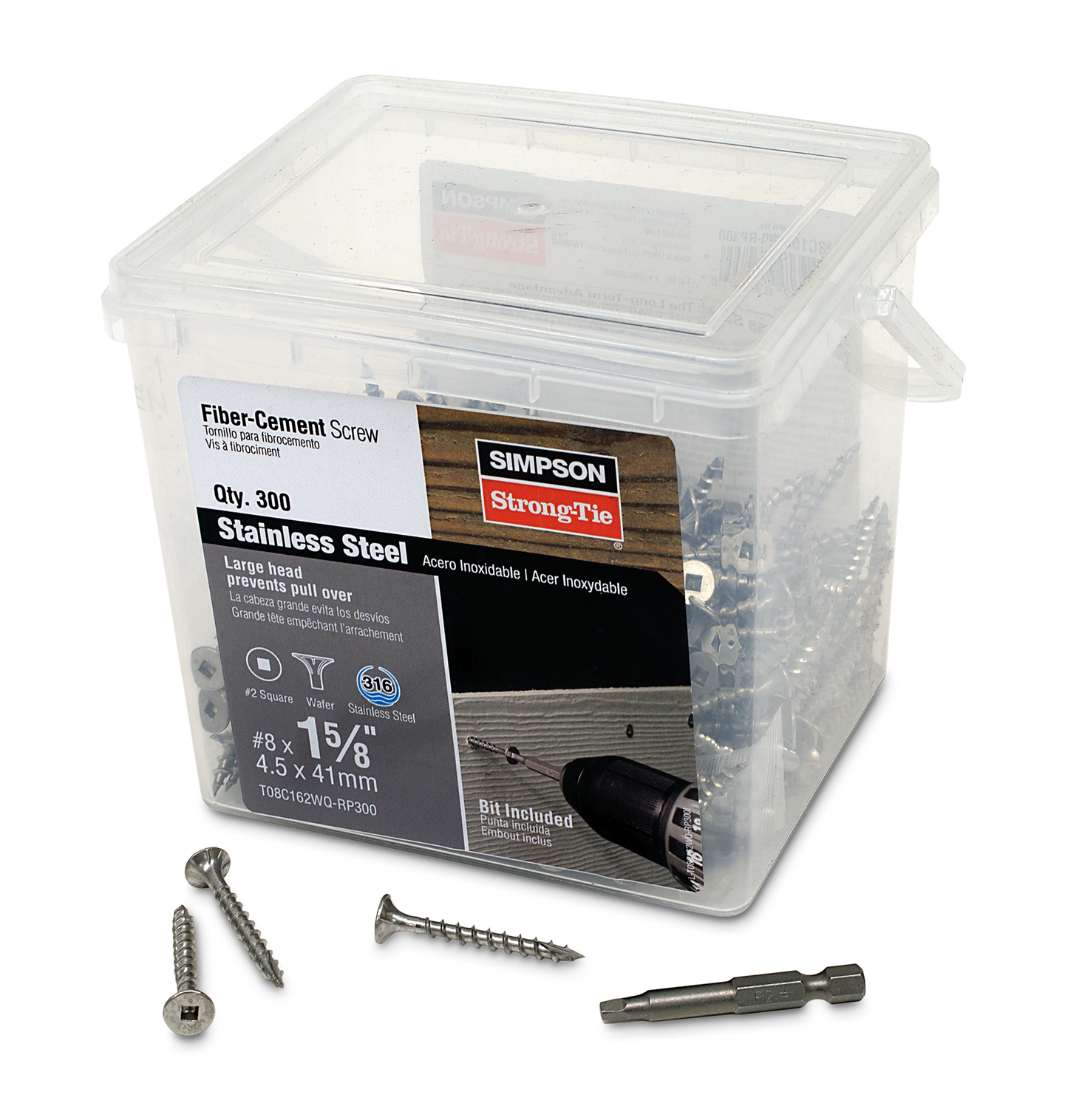 Simpson Strong-Tie T08C162WQ-RP300 Fiber-Cement Screw — #8 x 1-5/8 in. #2 Square Wafer-Head, Type 316 (300-Qty)