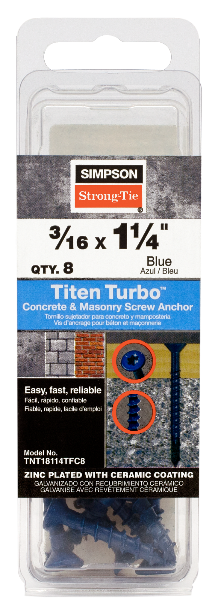 Simpson Strong-Tie TNT18114TFC8 Titen Turbo™ — 3/16 in. x 1-1/4 in. 6-Lobe Flat-Head Concrete and Masonry Screw, Blue (8-Qty)