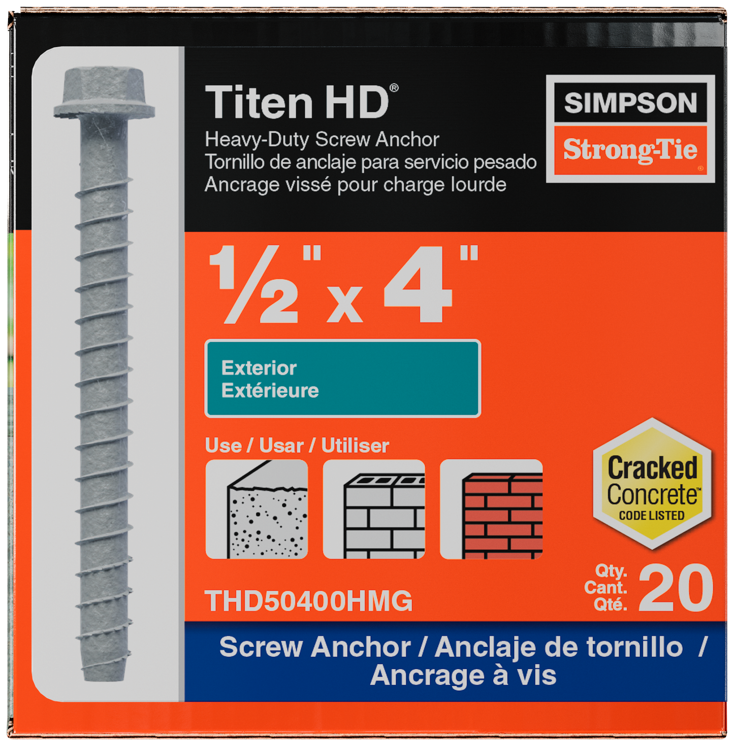 Simpson Strong-Tie THD50400HMG Titen HD® 1/2 in. x 4 in. Mechanically Galvanized Heavy-Duty Screw Anchor (20-Qty) (Pack of 300)
