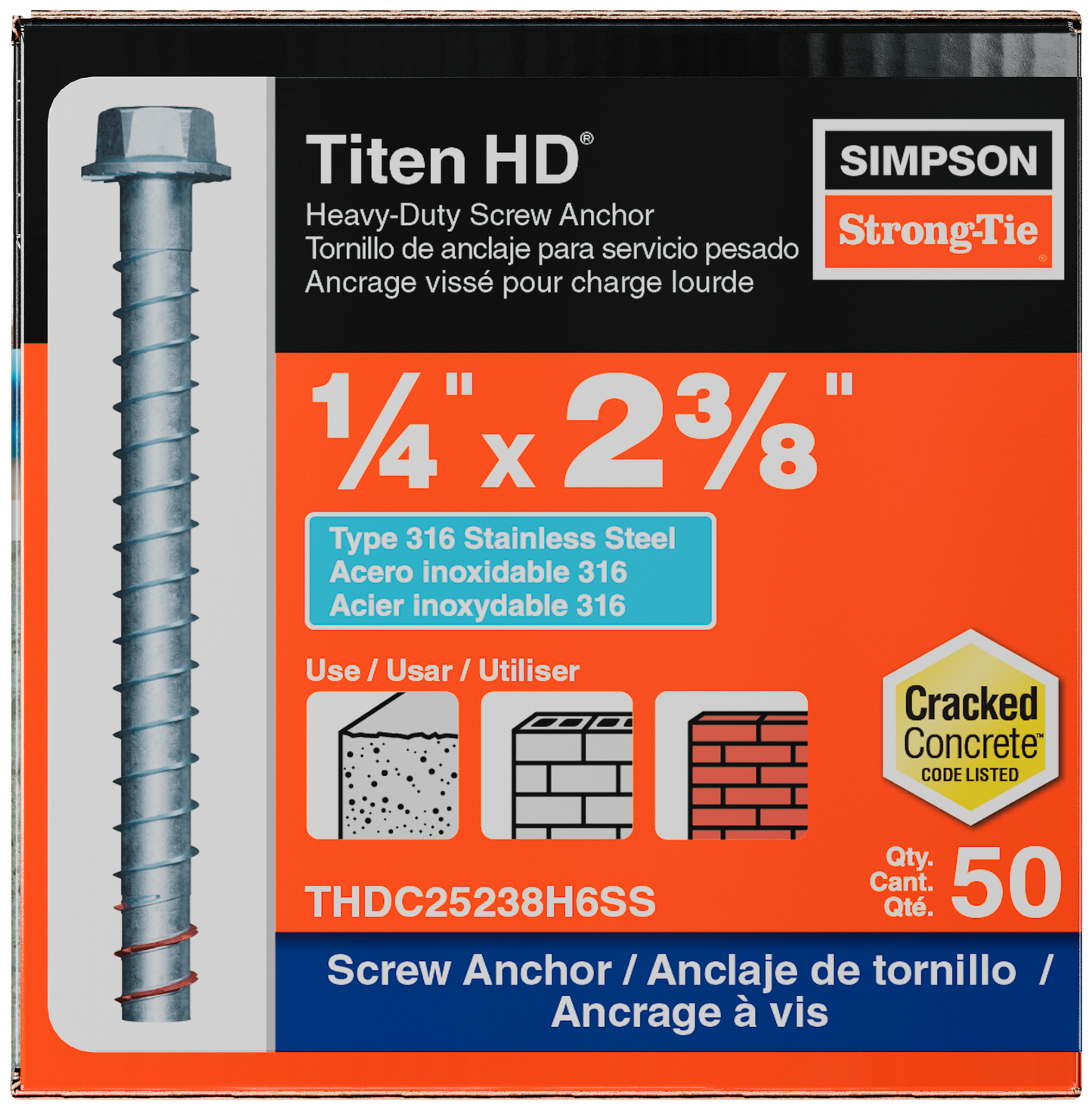 Simpson Strong-Tie THDC25238H6SS Titen HD® 1/4 in. x 2-3/8 in. Type 316 Stainless-Steel Heavy-Duty Screw Anchor (50-Qty) (Pack of 5)