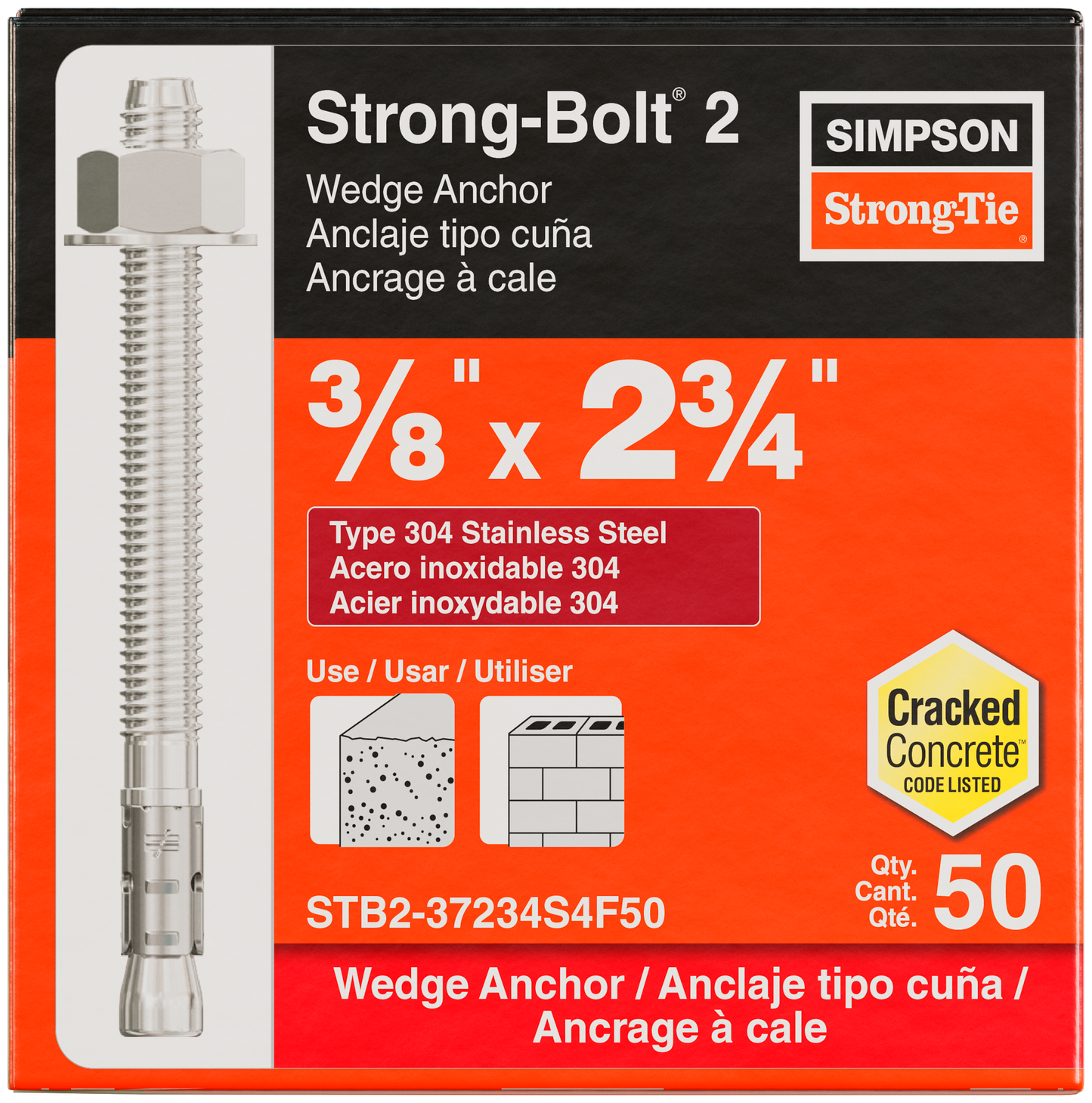Simpson Strong-Tie STB2-37234S4F50 Strong-Bolt® 2 — 3/8 in. x 2-3/4 in. Type 304 Stainless-Steel Wedge Anchor, Fully Assembled (50-Qty) (Pack of 4)