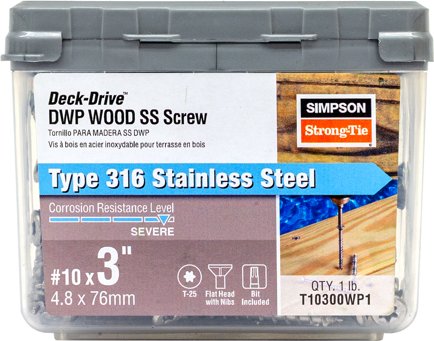 Simpson Strong-Tie T10300WP1 Deck-Drive™ DWP WOOD SS Screw — #10 x 3 in. T-25, Flat Head, Type 316 (1 lb.)
