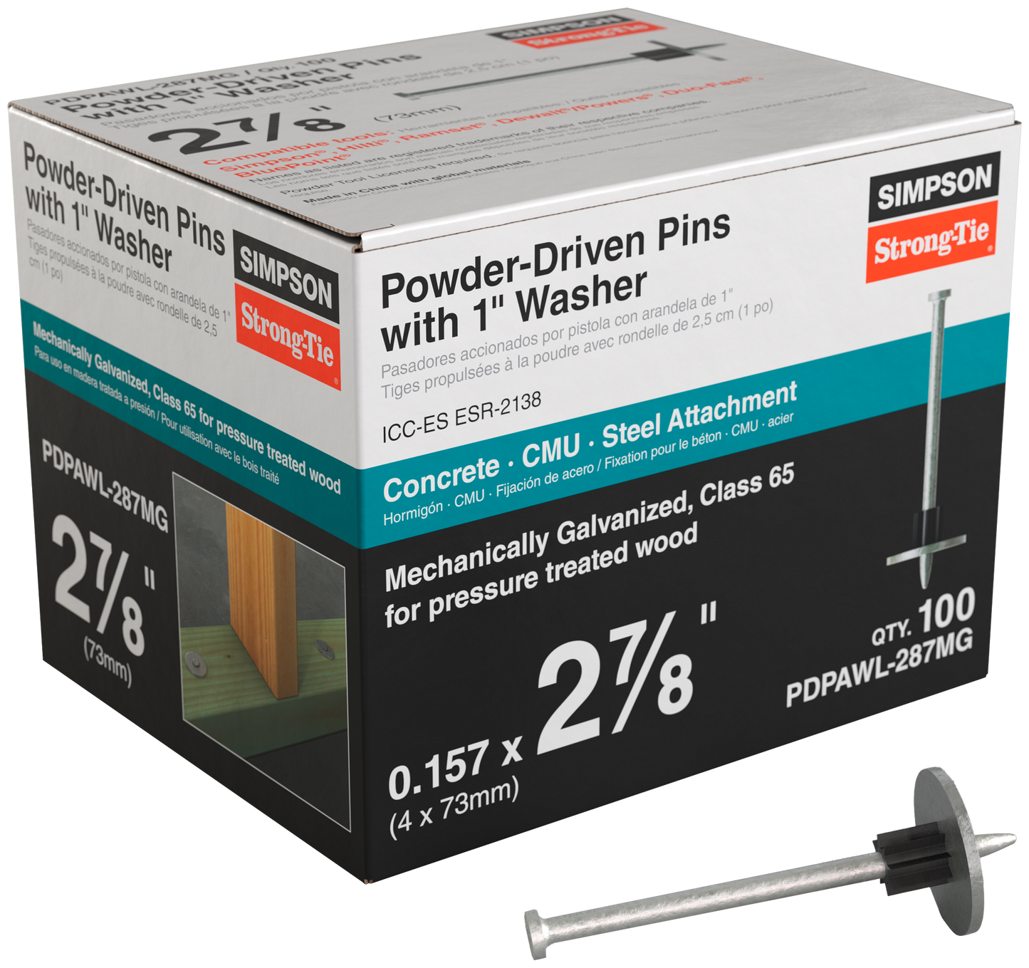 Simpson Strong-Tie PDPAWL-287MG PDPAWL .157 in. x 2-7/8 in. Mechanically Galvanized Powder-Actuated Pin w/ 1 in. Washer (100-Qty) (Pack of 10)