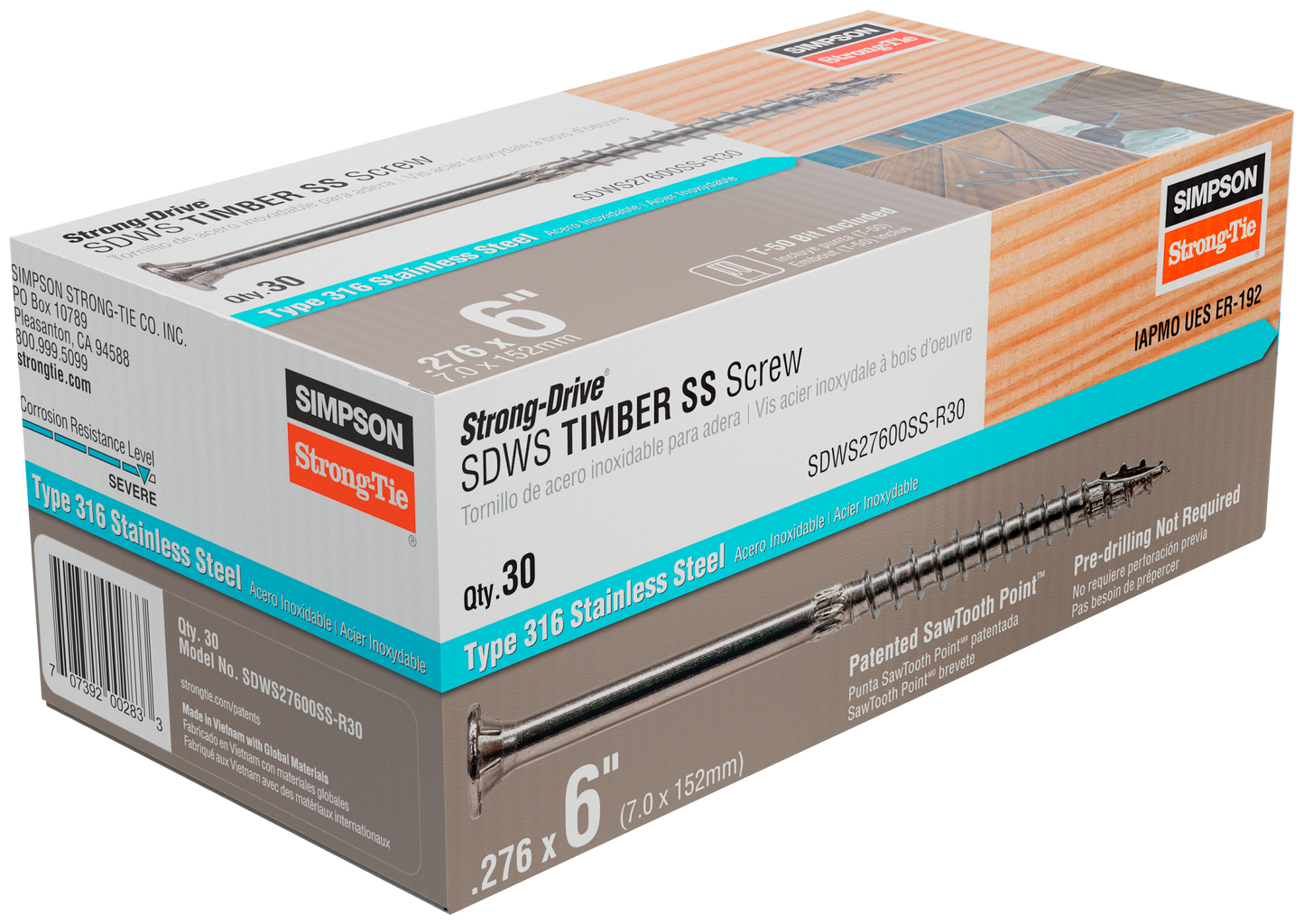 Simpson Strong-Tie SDWS27600SS-R30 Strong-Drive® SDWS™ TIMBER Screw — 0.275 in. x 6 in. T50, Type 316 (30-Qty) (Pack of 480)