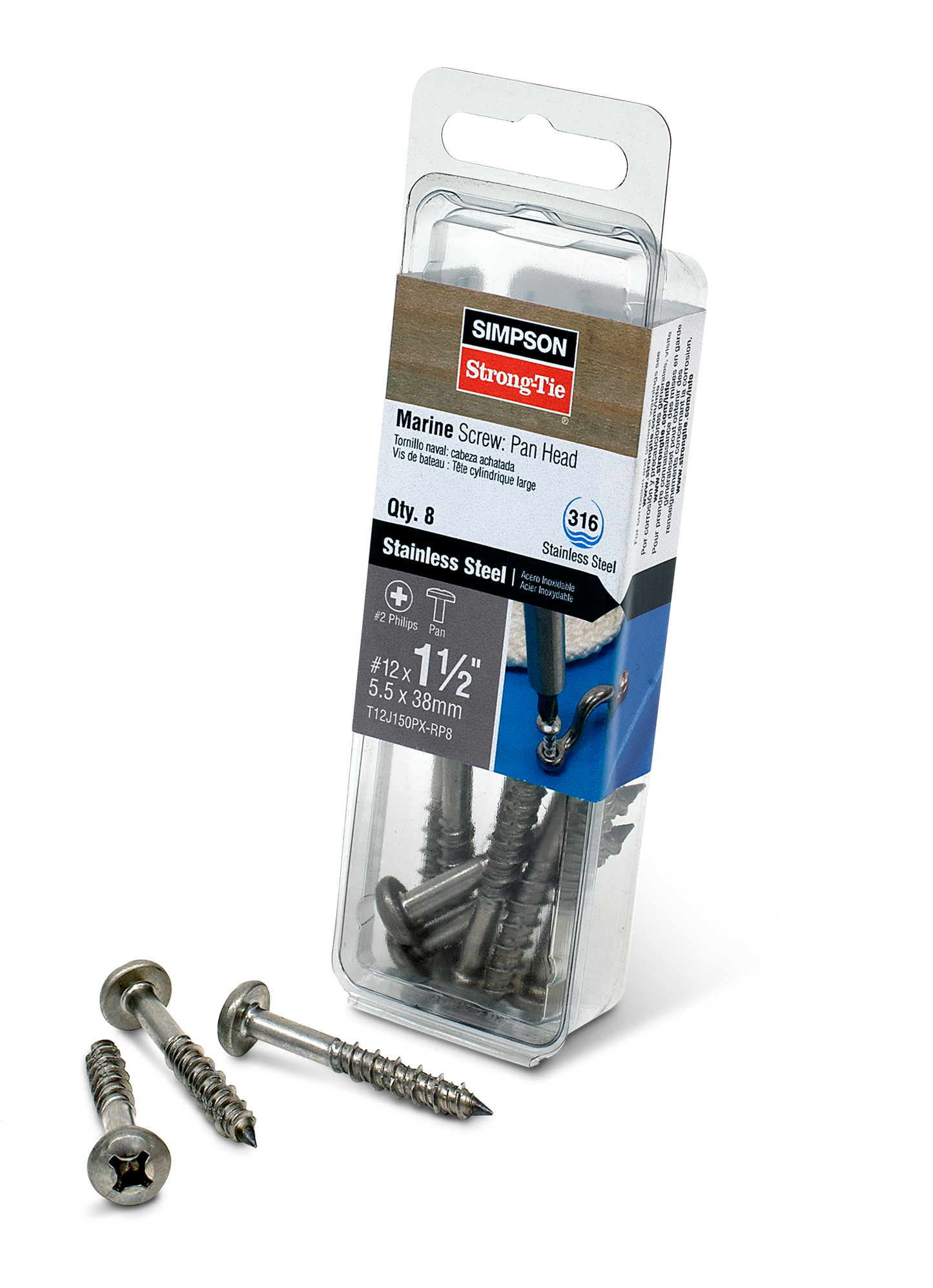 Simpson Strong-Tie T12J150PX-RP8 Marine Screw, Pan Head — #12 x 1-1/2 in. #3 Phillips Drive, Type 316 (8-Qty)