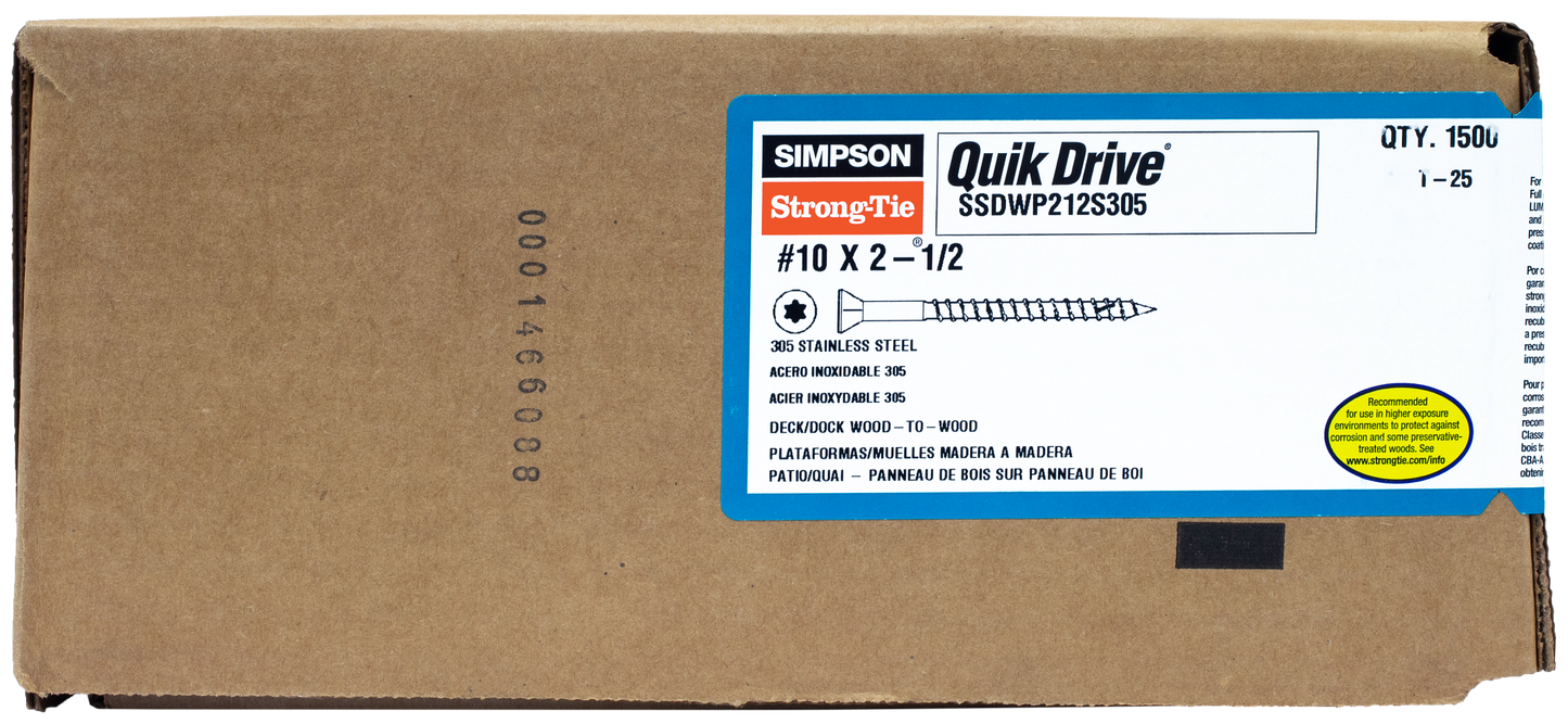 Simpson Strong-Tie SSDWP212S305 Deck-Drive™ DWP WOOD SS Screw (Collated) — #10 x 2-1/2 in. T25 6-Lobe Type 305 (1500-Qty) (Pack of 100)