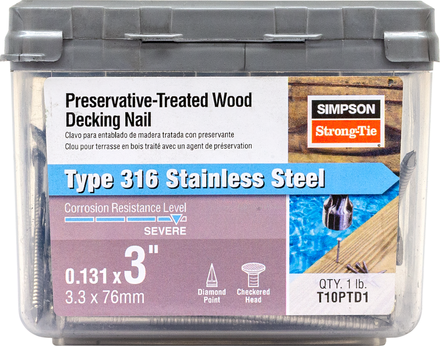 Simpson Strong-Tie T10PTD1 Preservative-Treated Wood Decking Nail, Ring Shank — 3 in. x .131 in. Type 316 (1 lb.) (Pack of 10)