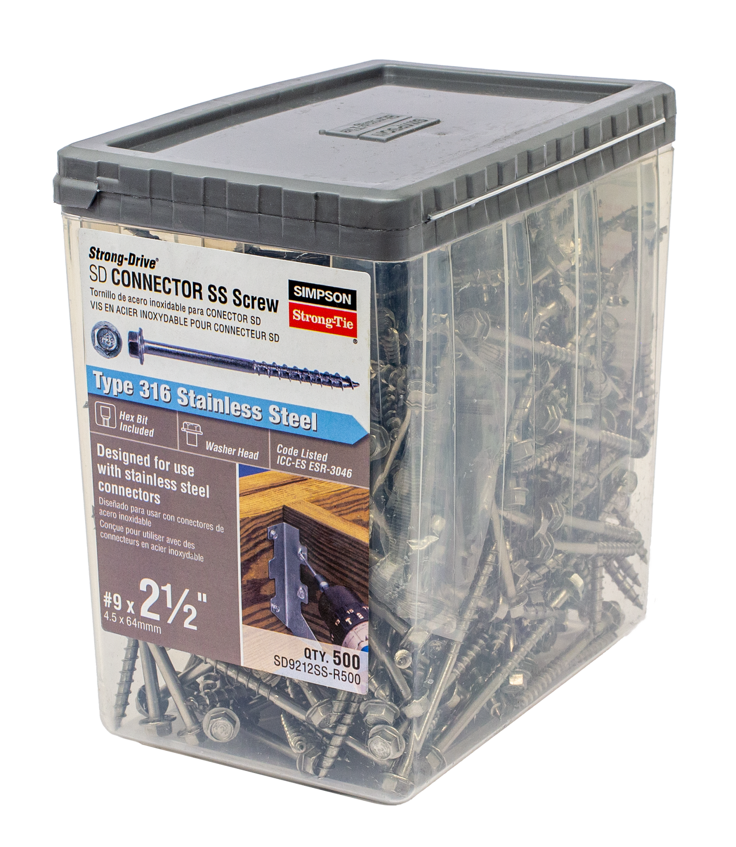 Simpson Strong-Tie SD9212SS-R500 Strong-Drive® SD CONNECTOR SS Screw — #9 x 2-1/2 in. 1/4-Hex Drive, Type 316 (500-Qty) (Pack of 3)