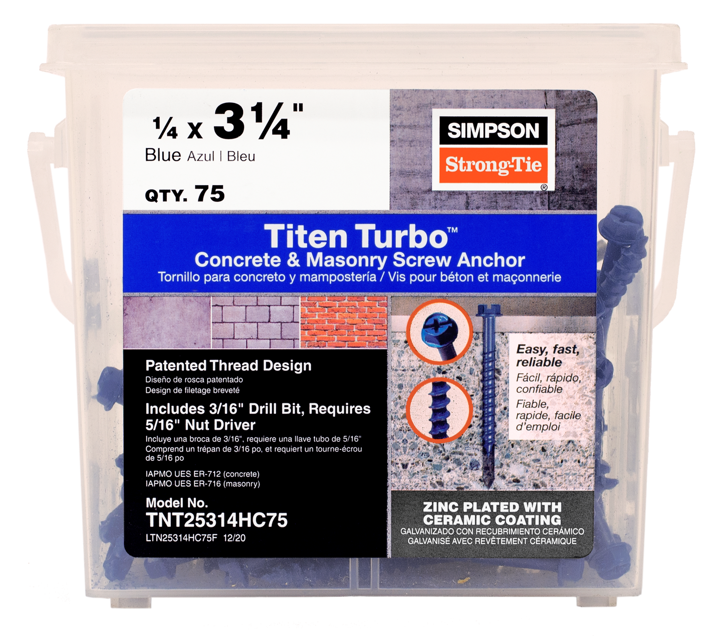 Simpson Strong-Tie TNT25314HC75 Titen Turbo™ — 1/4 in. x 3-1/4 in. Hex-Head Concrete and Masonry Screw, Blue (75-Qty) (Pack of 4)