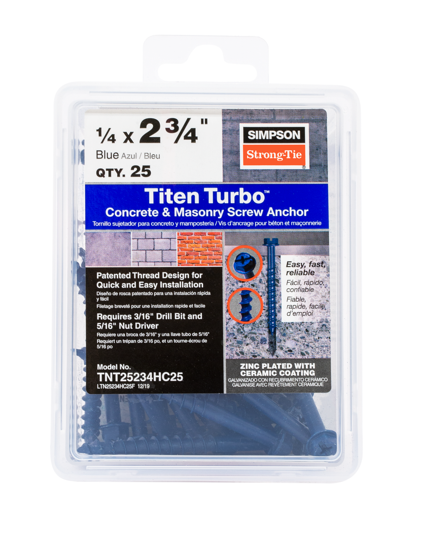 Simpson Strong-Tie TNT25234H Titen Turbo™ — 1/4 in. x 2-3/4 in. Hex-Head Concrete and Masonry Screw, Blue (100-Qty)