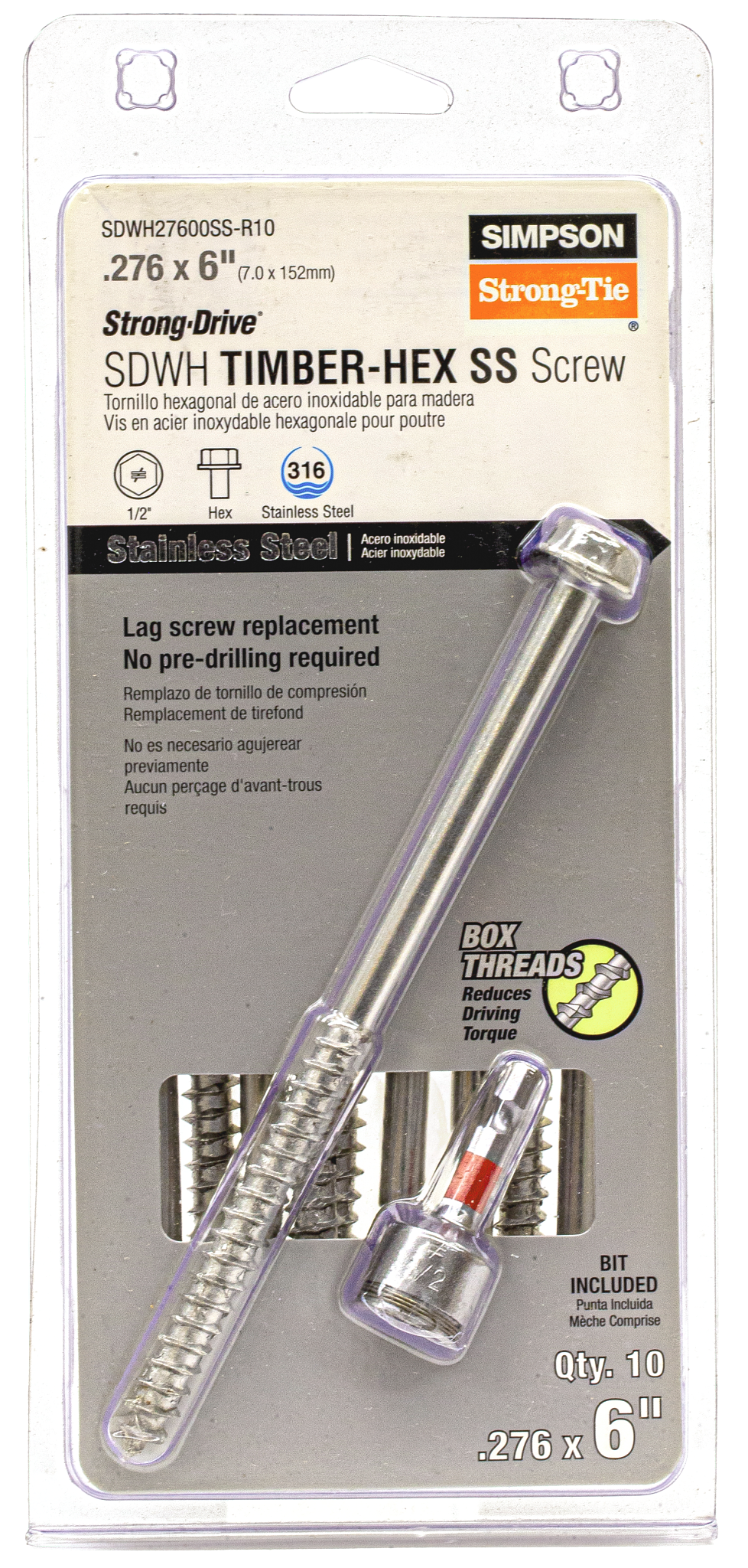 Simpson Strong-Tie SDWH27600SS-R10 Strong-Drive® SDWH™ TIMBER-HEX SS Screw — 0.275 in. x 6 in. 1/2 Hex, Type 316 (10-Qty) (Pack of 720)