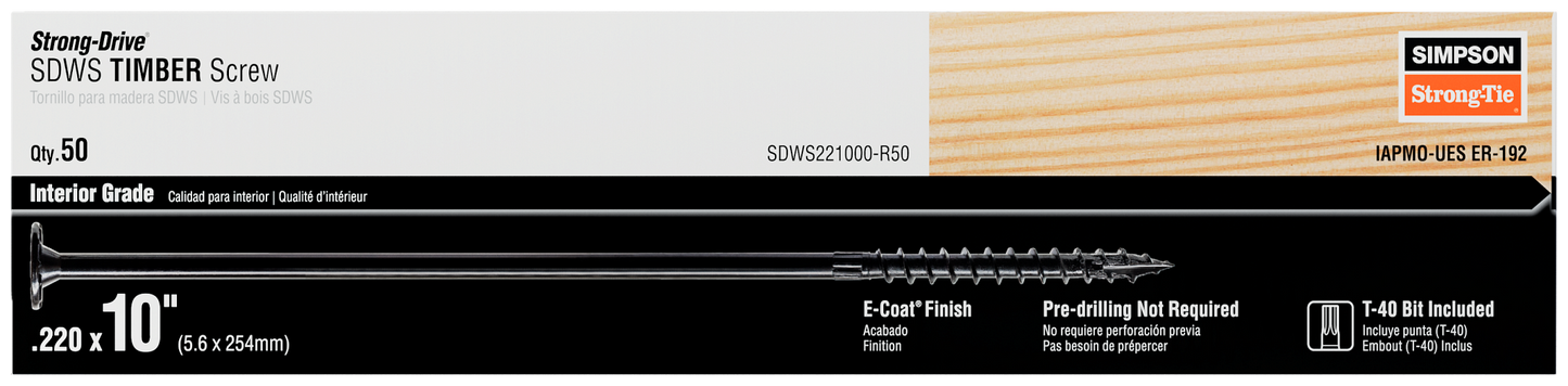 Simpson Strong-Tie SDWS221000-R50 Strong-Drive® SDWS™ TIMBER Screw (Interior) — 0.220 in. x 10 in. E-coat® (50-Qty)