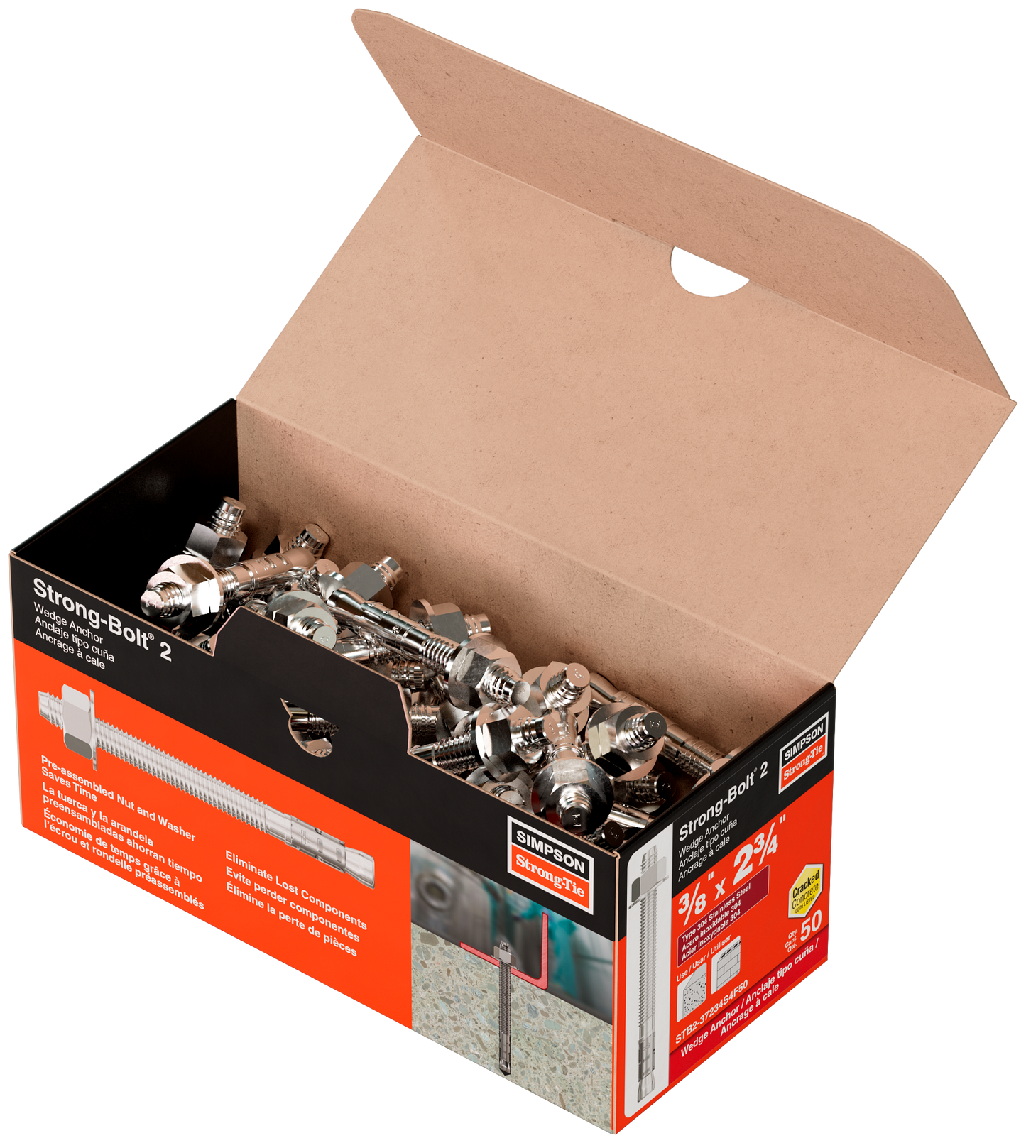 Simpson Strong-Tie STB2-37234S4F50 Strong-Bolt® 2 — 3/8 in. x 2-3/4 in. Type 304 Stainless-Steel Wedge Anchor, Fully Assembled (50-Qty) (Pack of 420)