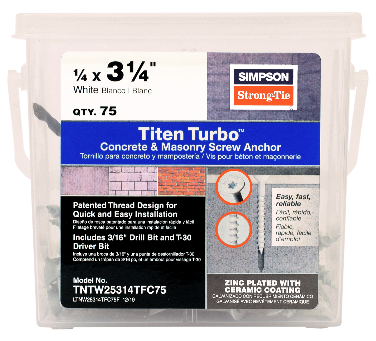 Simpson Strong-Tie TNTW25314TFC75 Titen Turbo™ — 1/4 in. x 3-1/4 in. 6-Lobe Flat-Head Concrete and Masonry Screw, White (75-Qty) (Pack of 4)