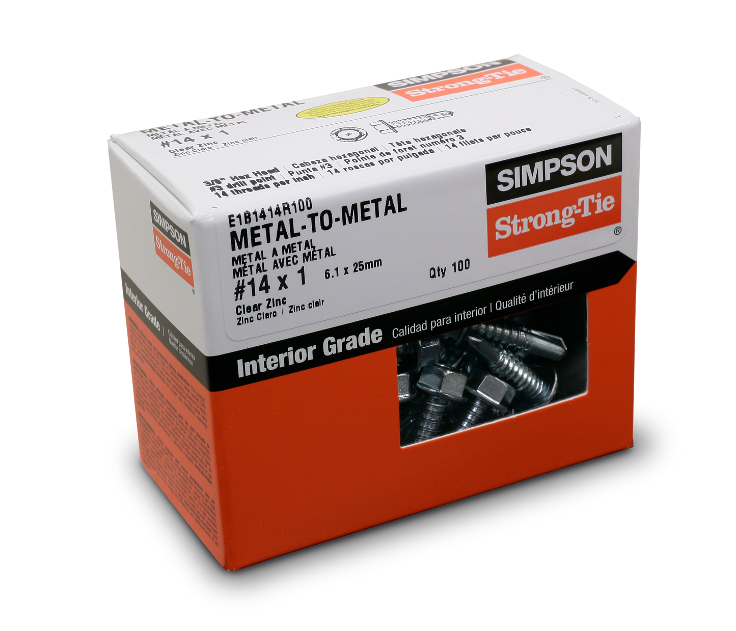 Simpson Strong-Tie E1B1414R100 Self-Drilling E Metal Screw — #14 x 1 in. 3/8-Hex, Clear Zinc (100-Qty) (Pack of 800)