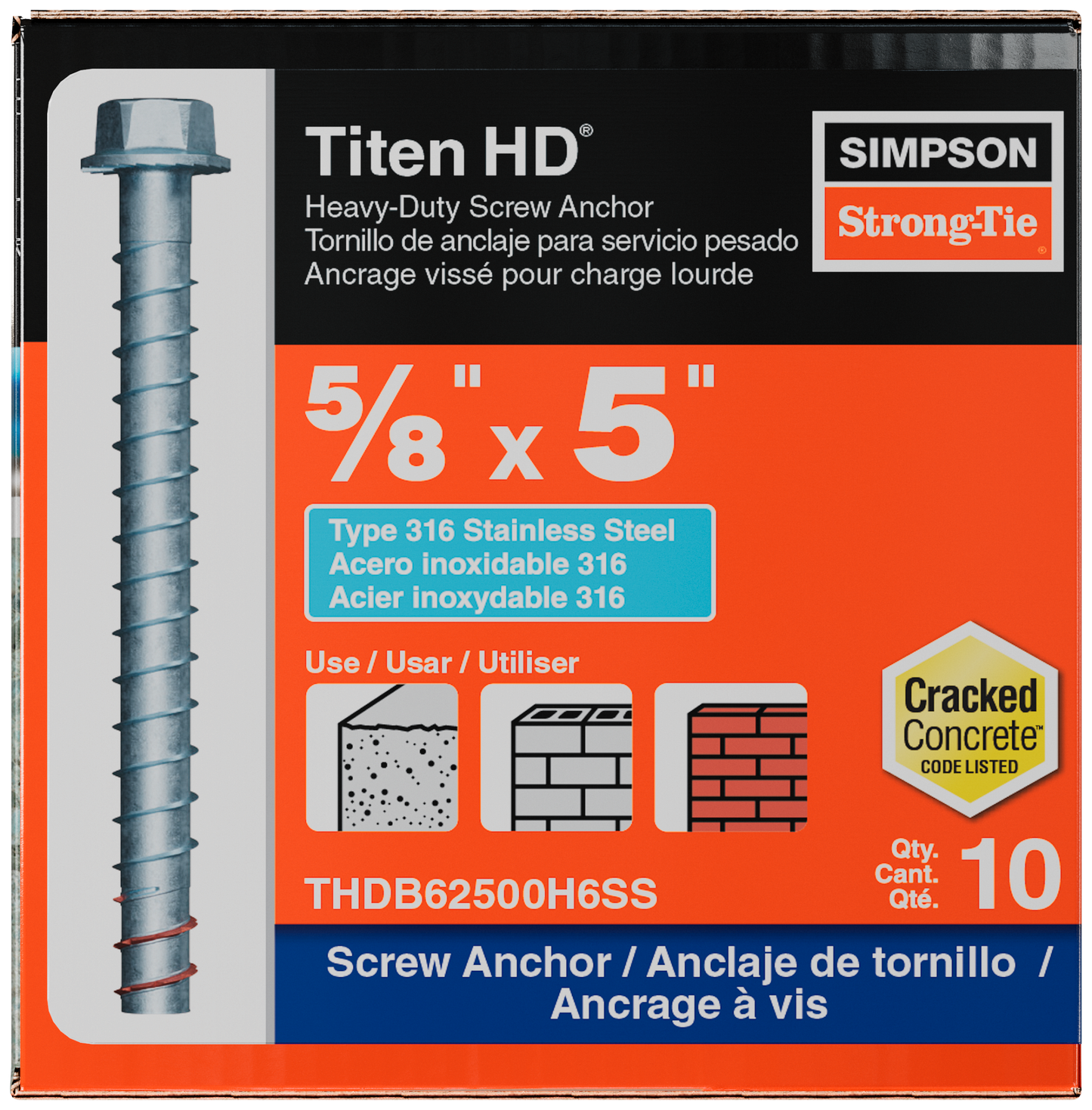 Simpson Strong-Tie THDB62500H6SS Titen HD® 5/8 in. x 5 in. Type 316 Stainless-Steel Heavy-Duty Screw Anchor (10-Qty) (Pack of 300)