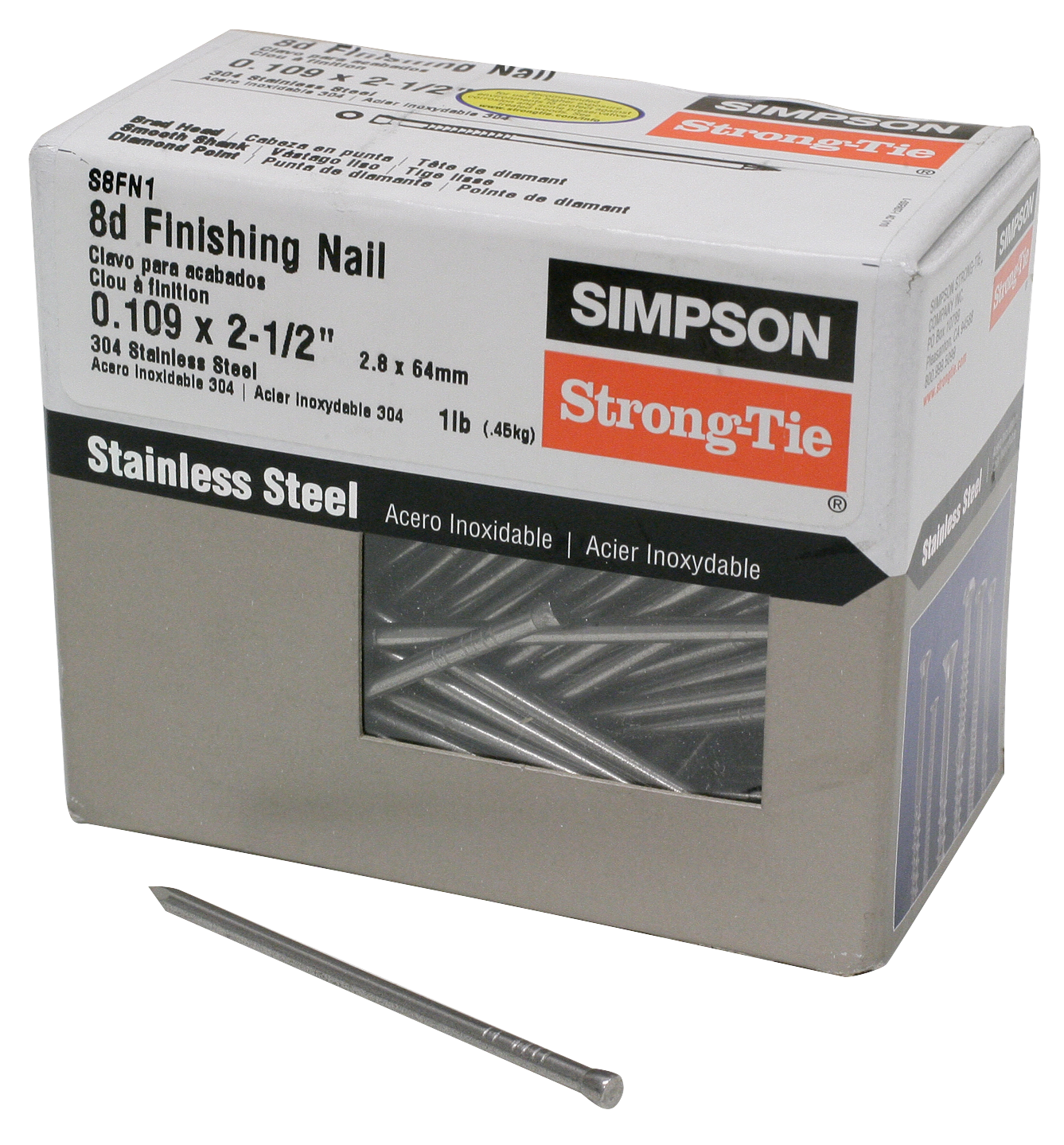 Simpson Strong-Tie S8FN1 Finishing Nail — 2-1/2-in. x .113-in. Type 304 Stainless Steel (1 lb.) (Pack of 800)