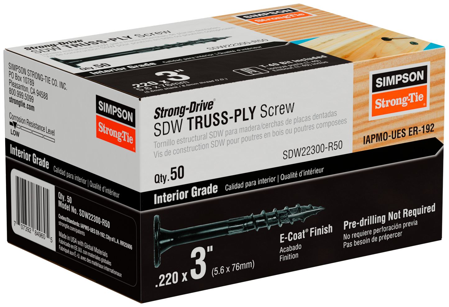 Simpson Strong-Tie SDW22300-R50 Strong-Drive® SDW™ TRUSS-PLY Screw — .220 in. x 3 in. T40 6-Lobe E-coat® (50-Qty) (Pack of 576)