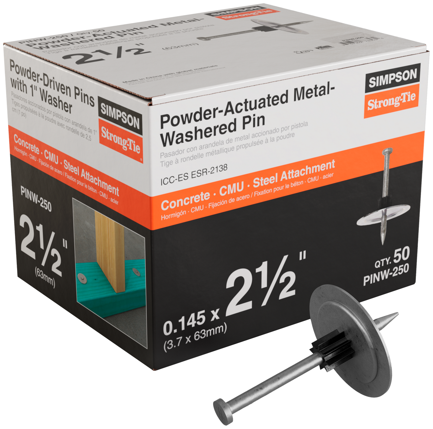 Simpson Strong-Tie PINW-250 PINW 2-1/2 in. Powder-Actuated Metal-Washered Pin for Insulation Board (50-Qty)