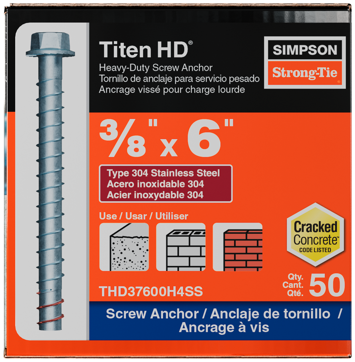 Simpson Strong-Tie THD37600H4SS Titen HD® 3/8 in. x 6 in. Type 304 Stainless Steel Heavy-Duty Screw Anchor (50-Qty) (Pack of 180)