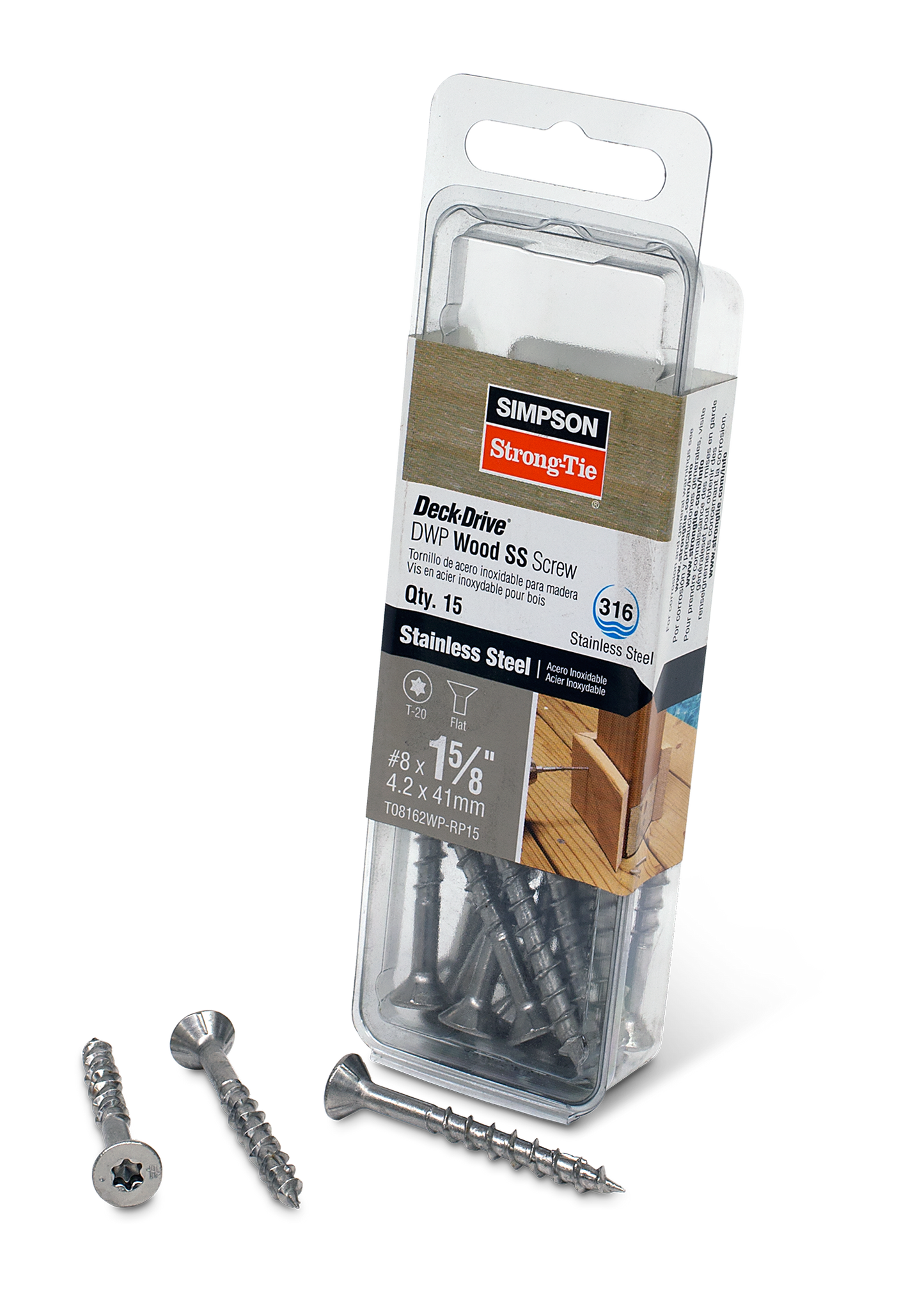Simpson Strong-Tie T08162WP-RP15 Deck-Drive™ DWP WOOD SS Screw — #8 x 1-5/8 in. T20, Flat Head, Type 316 (15-Qty)