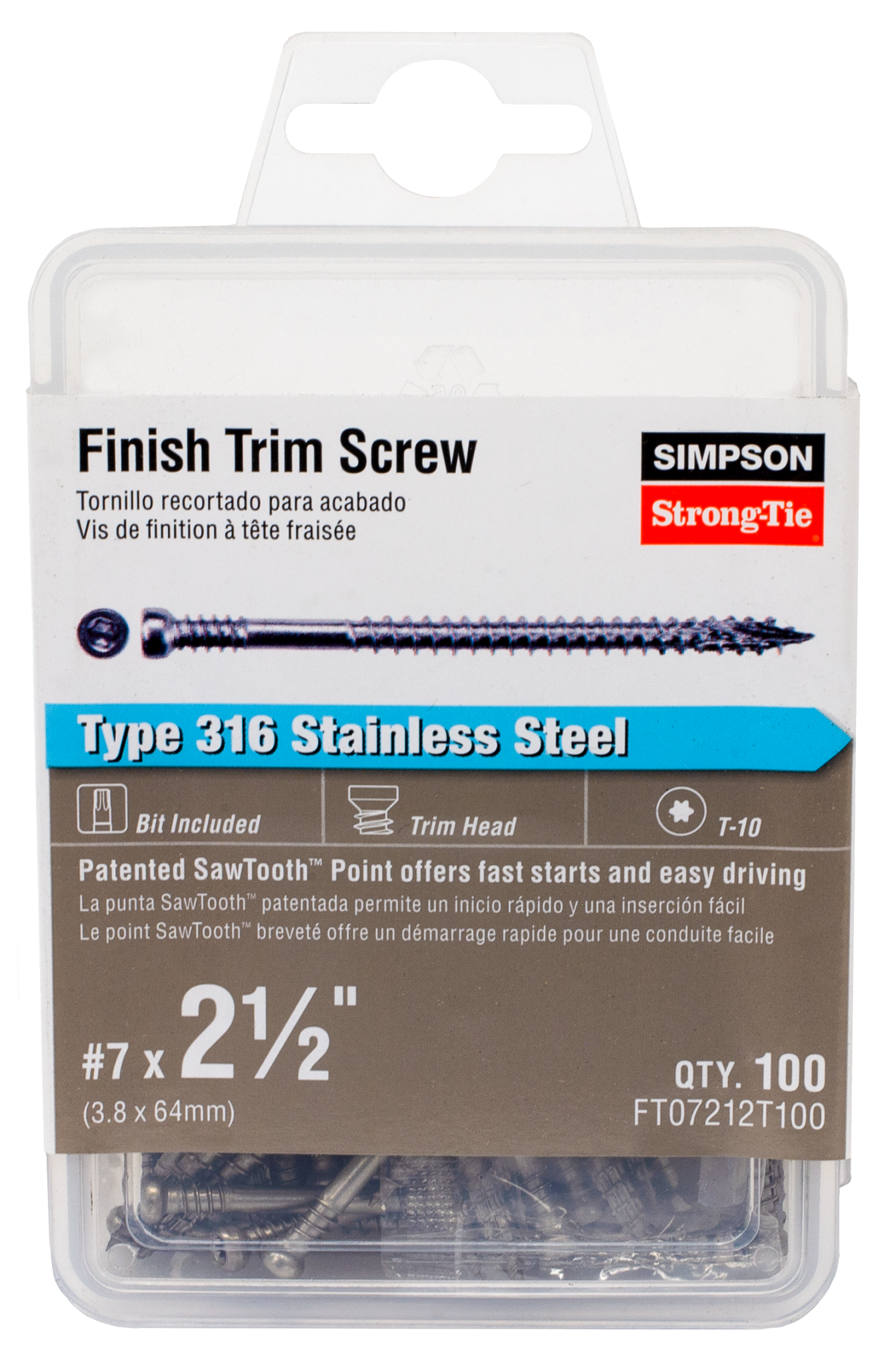 Simpson Strong-Tie FT07212T100 Finish Trim Screw — #7 x 2-1/2 in. T10, Trim-Head, Type 316 (100-Qty) (Pack of 5)