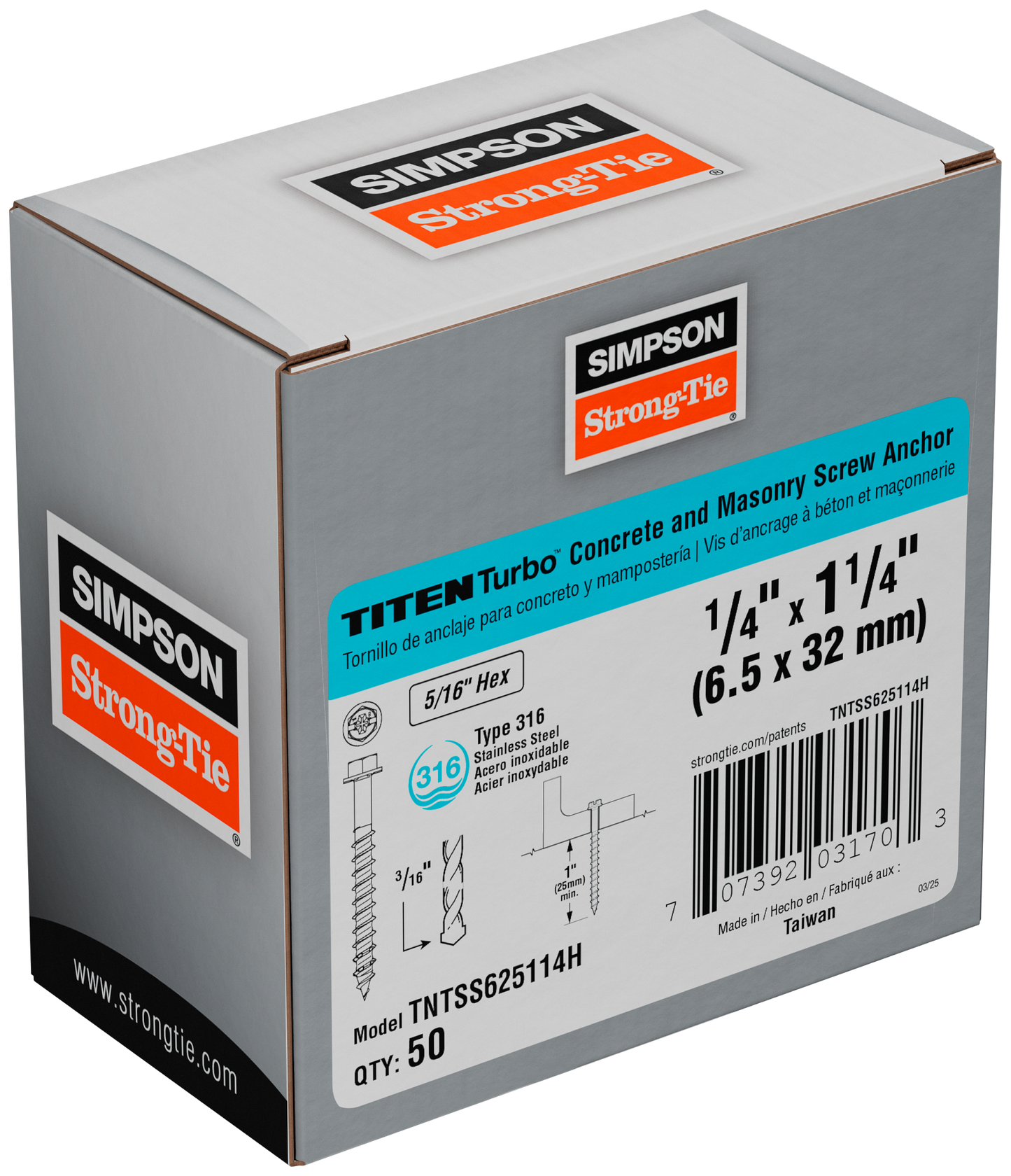 Simpson Strong-Tie TNTSS625114H Titen Turbo™ — 1/4 in. x 1-1/4 in. Type 316 Stainless-Steel Hex-Head Concrete and Masonry Screw (50-Qty)