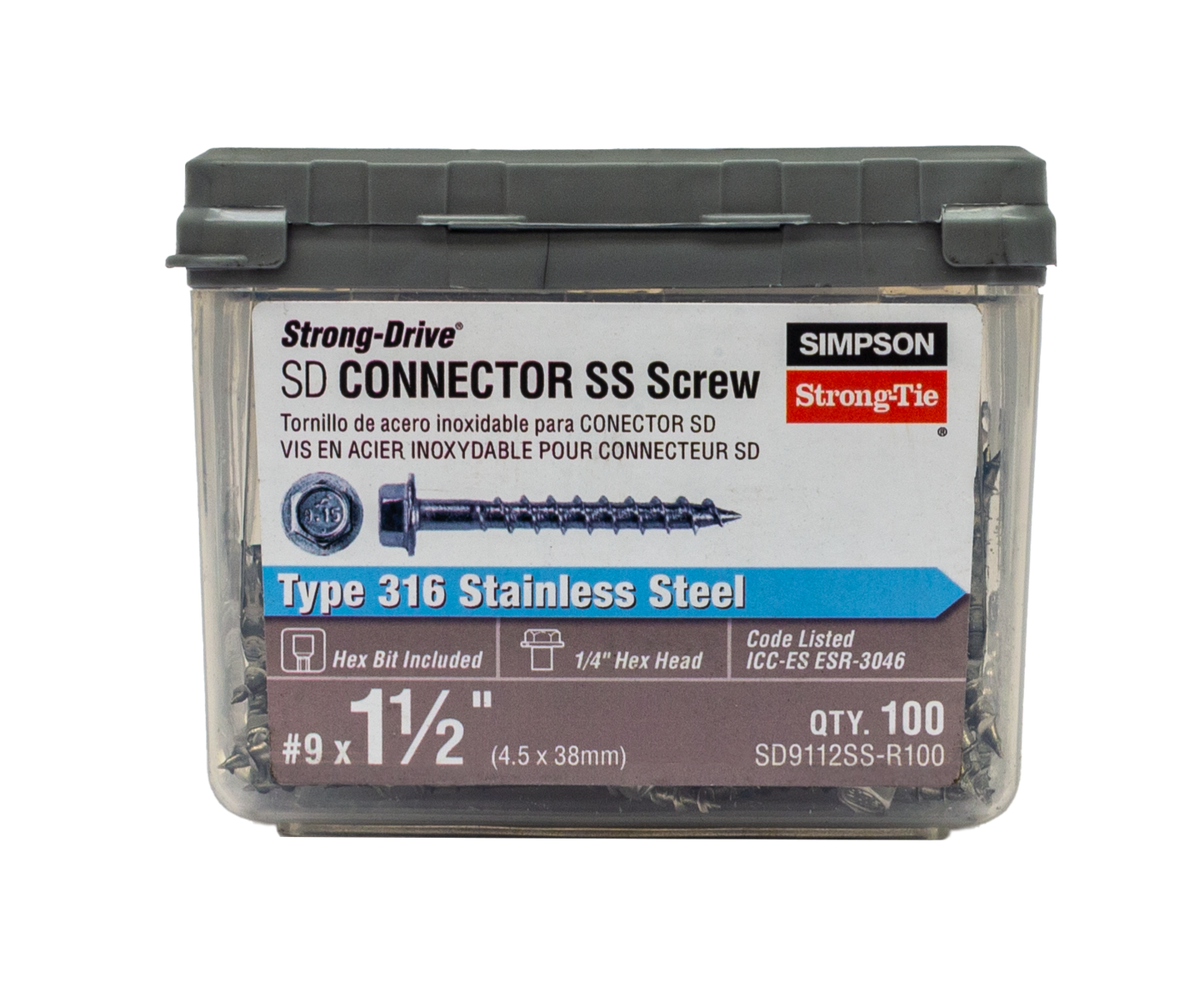 Simpson Strong-Tie SD9112SS-R100 Strong-Drive® SD CONNECTOR SS Screw — #9 x 1-1/2 in. 1/4-Hex Drive, Type 316 (100-Qty) (Pack of 10)