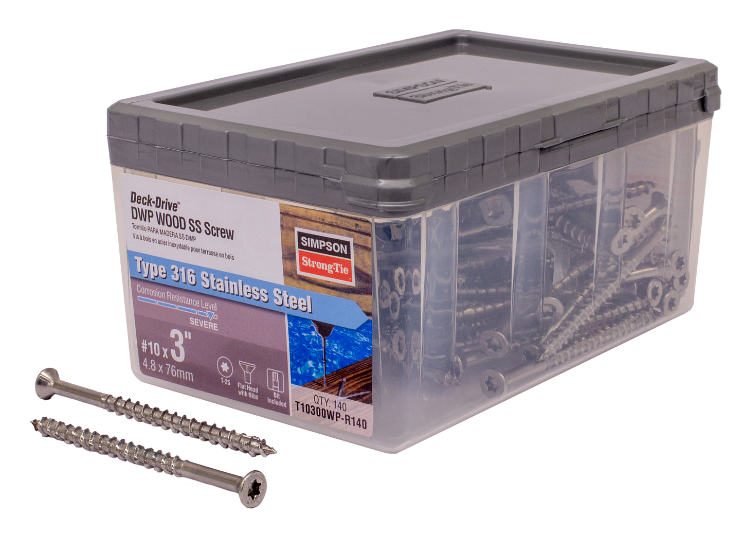 Simpson Strong-Tie T10300WP-R140 Deck-Drive™ DWP WOOD SS Screw — #10 x 3 in. T25, Flat Head, Type 316 (140-Qty) (Pack of 6)